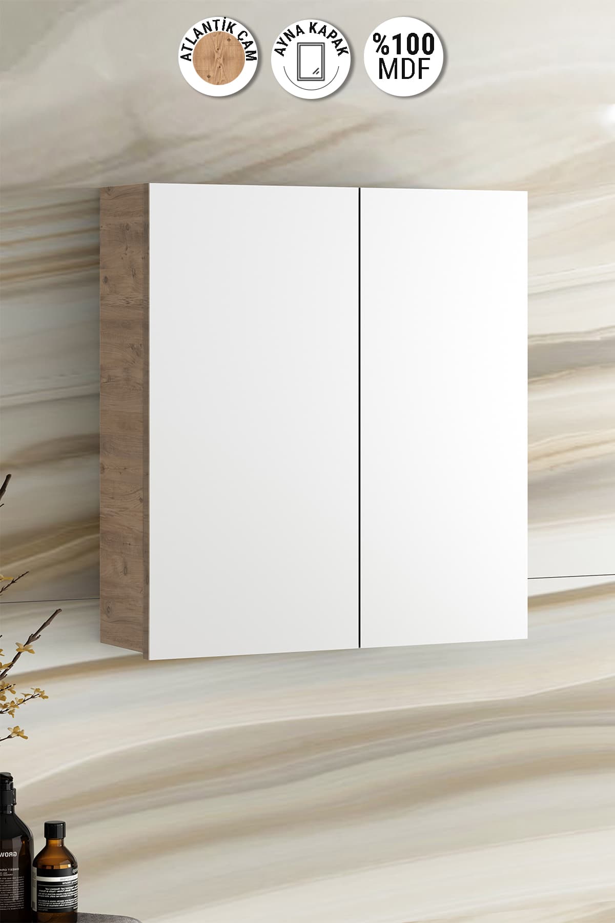 Çiğdem 65 cm Atlantik Çam MDF Aynalı Asma Banyo Üst Dolabı