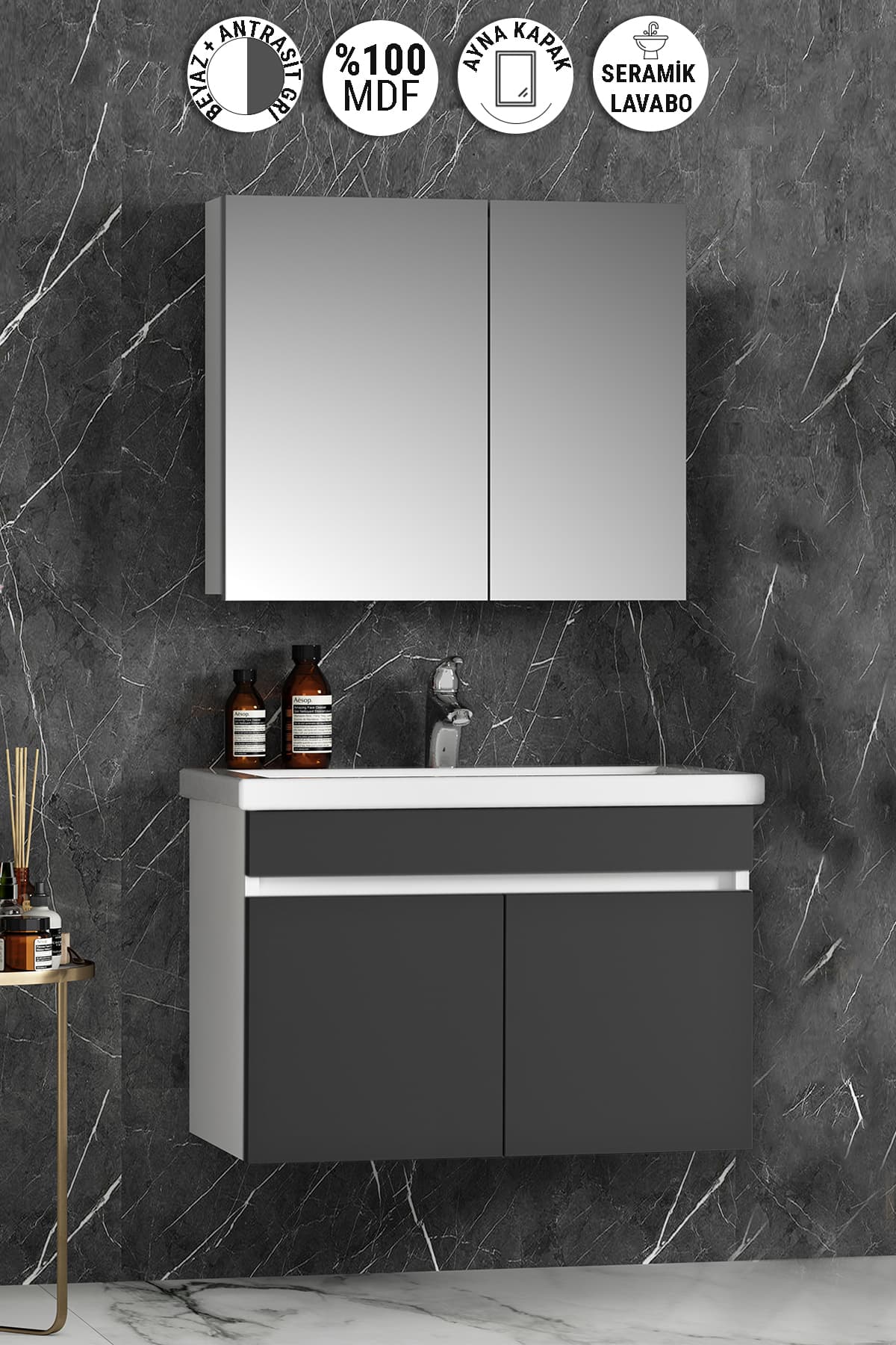 Çiğdem 80 cm Beyaz-Antrasit Gri Mat MDF Seramik Lavabolu Asma Banyo Dolabı Takımı