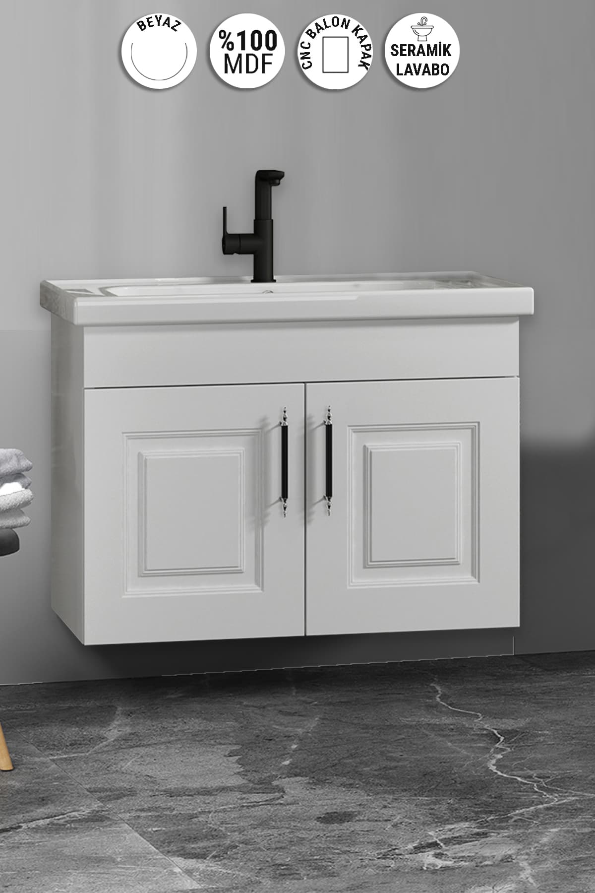Salkım 80 cm Beyaz Balon MDF Seramik Lavabolu Asma Banyo Alt Dolabı