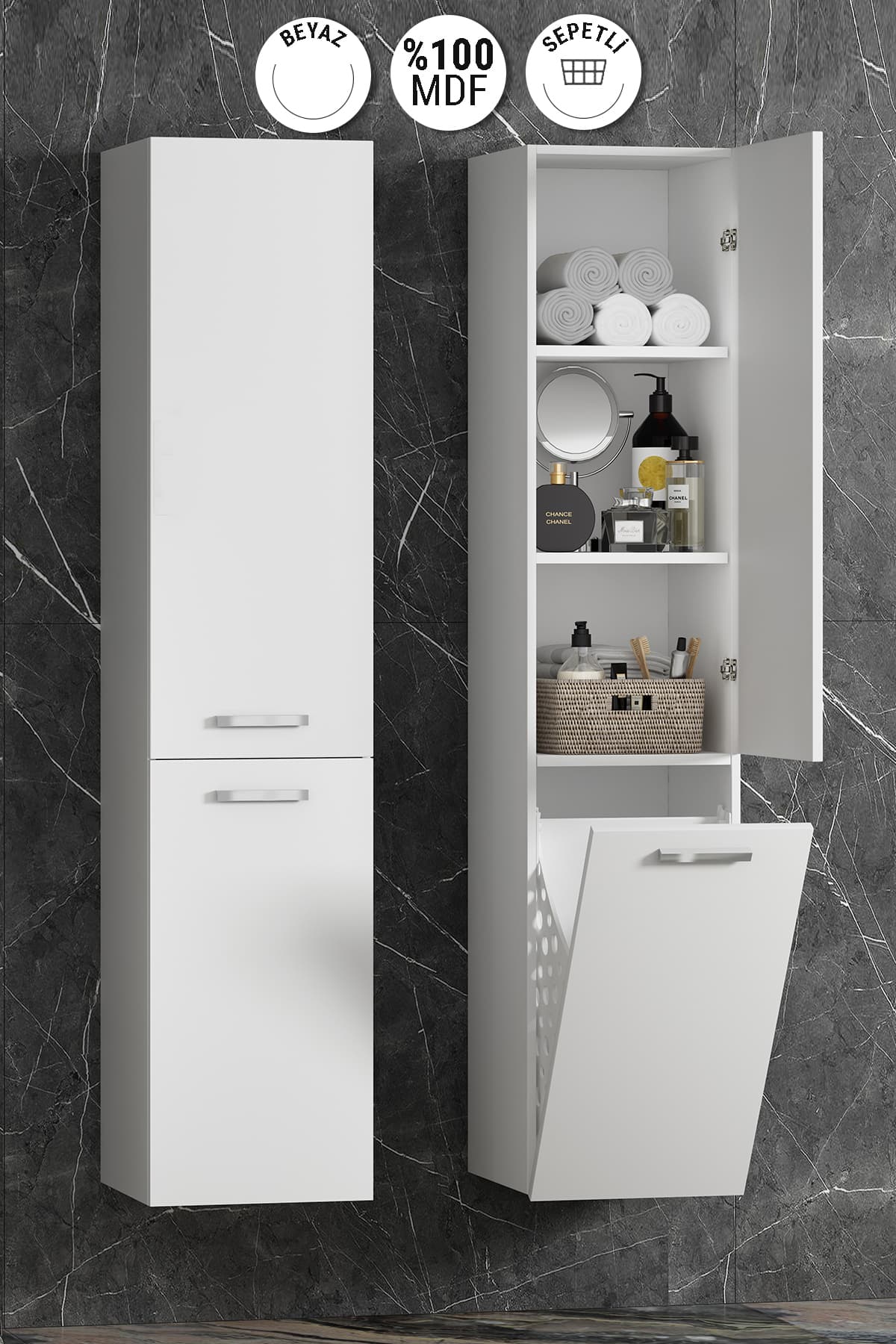 Yeni Boy 35*167 cm Beyaz MDF Sepetli Asma Banyo Boy Dolabı