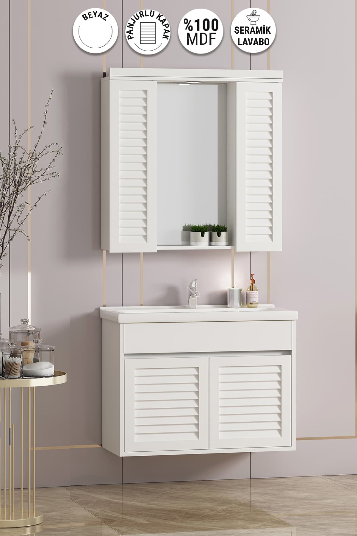 Çuha 80 cm Beyaz MDF Panjurlu Balon Kapak Seramik Lavabolu Asma Banyo Dolabı Takımı