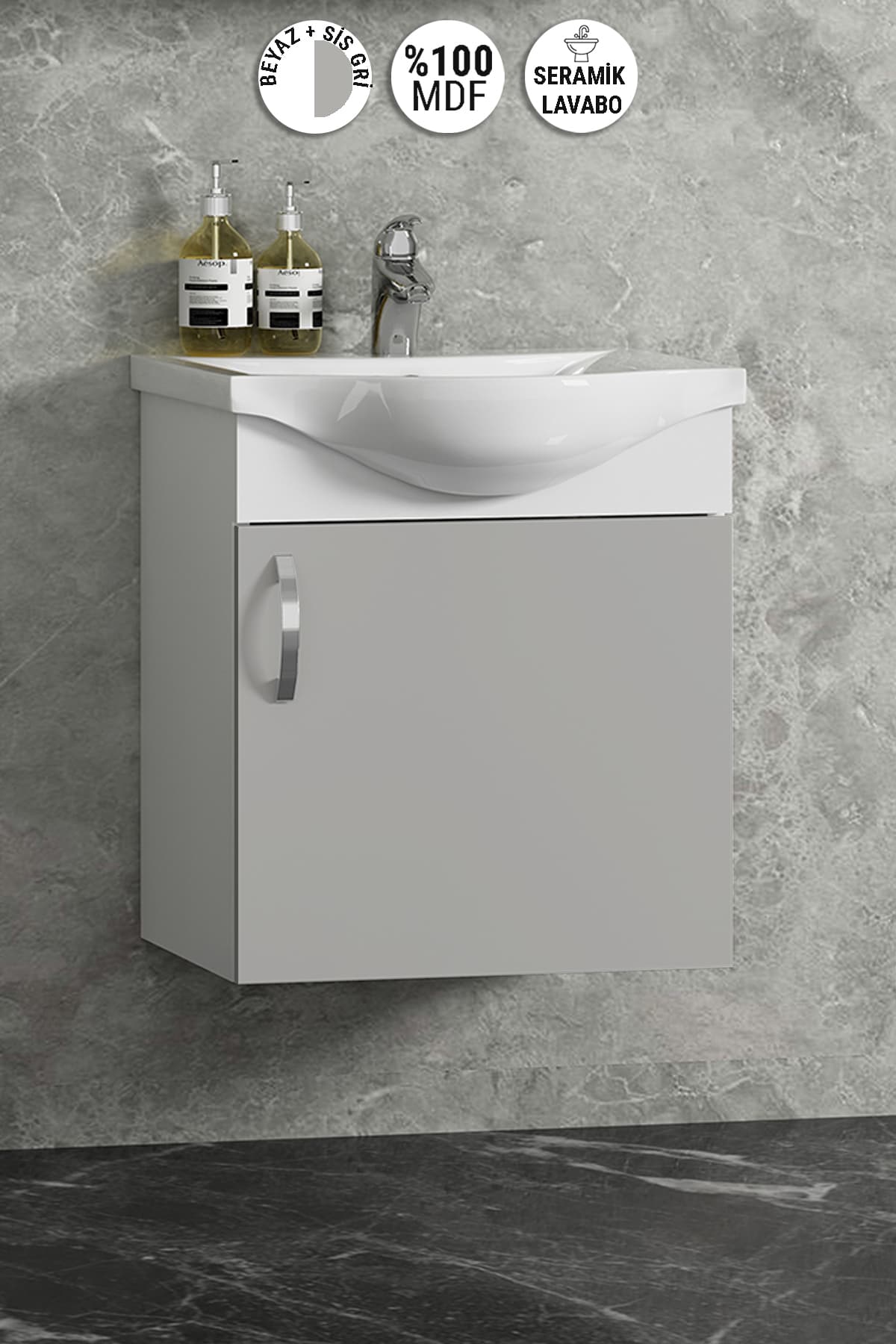 Yıldız 45 cm Beyaz-Sis Gri MDF Seramik Lavabolu Asma Banyo Dolabı Takımı