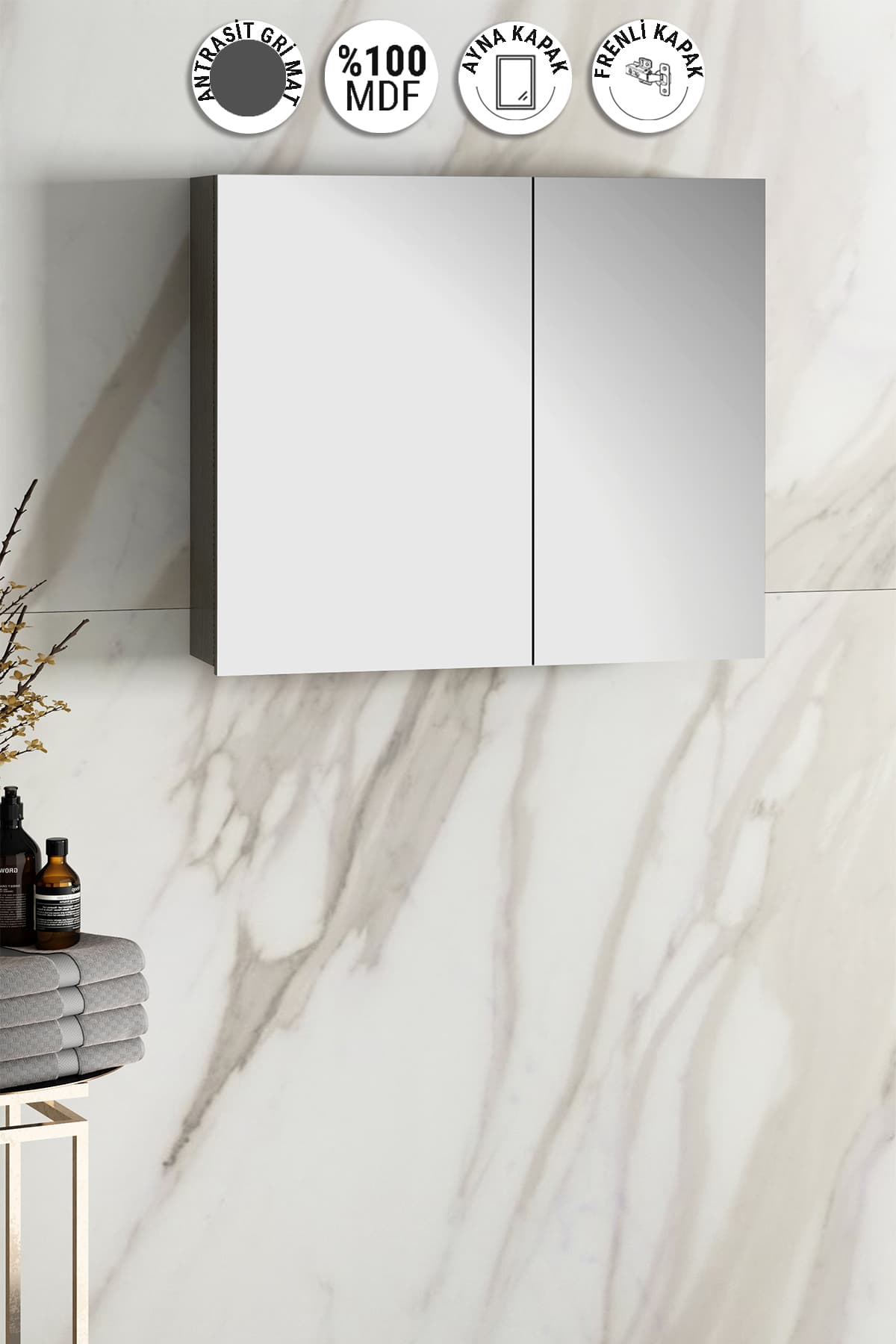 Çiğdem 80 cm Antrasit Gri Mat MDF Aynalı Asma Banyo Üst Dolabı