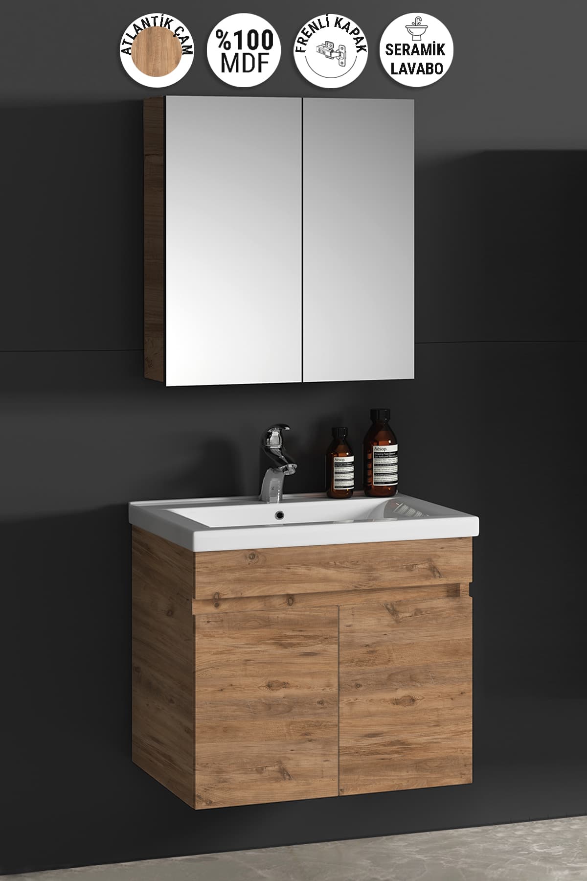 Çiğdem 65 cm Atlantik Çam MDF Seramik Lavabolu Asma Banyo Dolabı Takımı