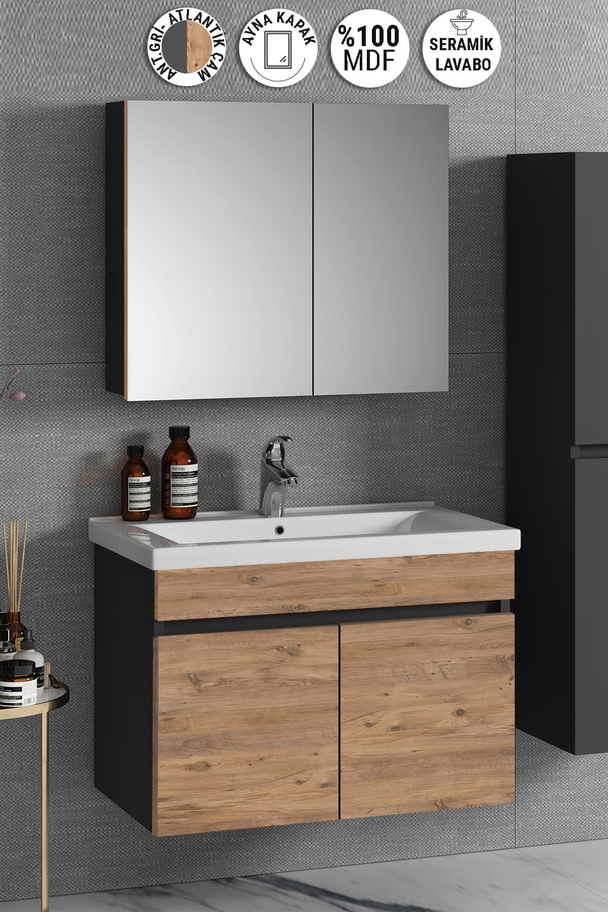 Çiğdem 80 cm Antrasit Gri Mat-Atlantik Çam MDF Seramik Lavabolu Asma Banyo Dolabı Takımı