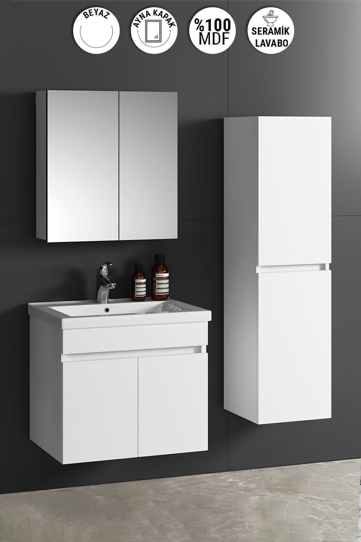 65+35 Cm Beyaz Mdf Seramik Lavabolu Asma Banyo Dolabı Takımı