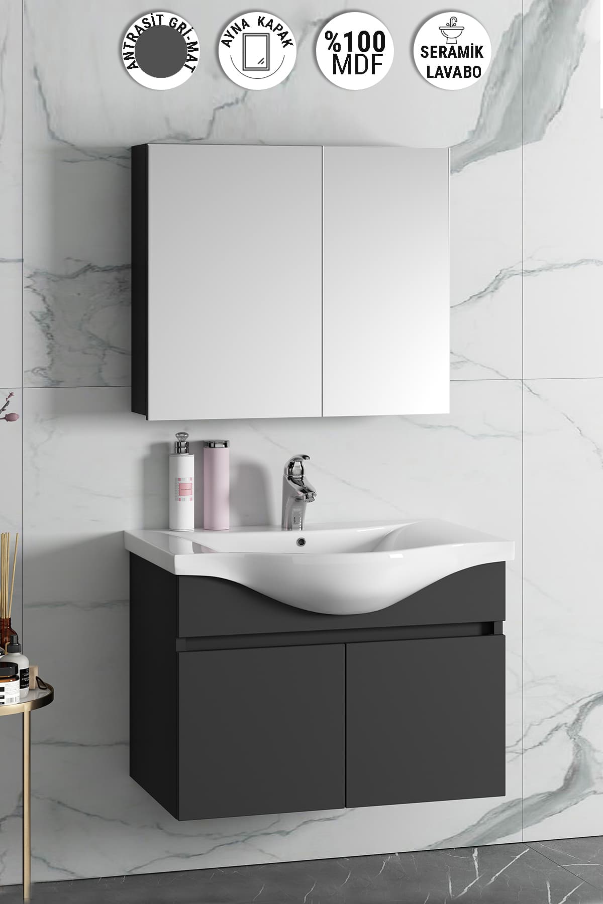 Yıldız 80 cm Antrasit Gri Mat MDF Seramik Lavabolu Asma Banyo Dolabı Takımı