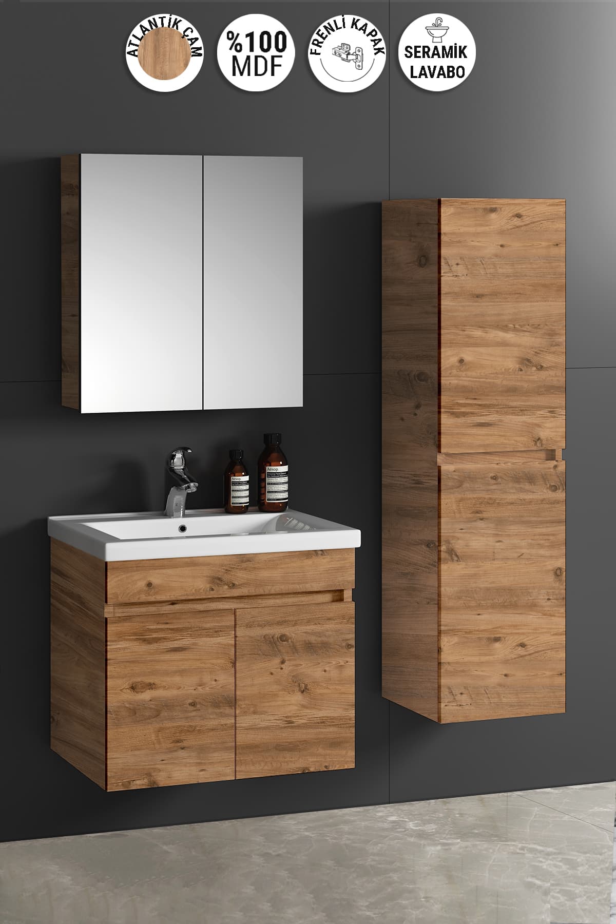 Çiğdem 65+35 cm Atlantik Çam MDF Seramik Lavabolu Asma Banyo Dolabı Takımı