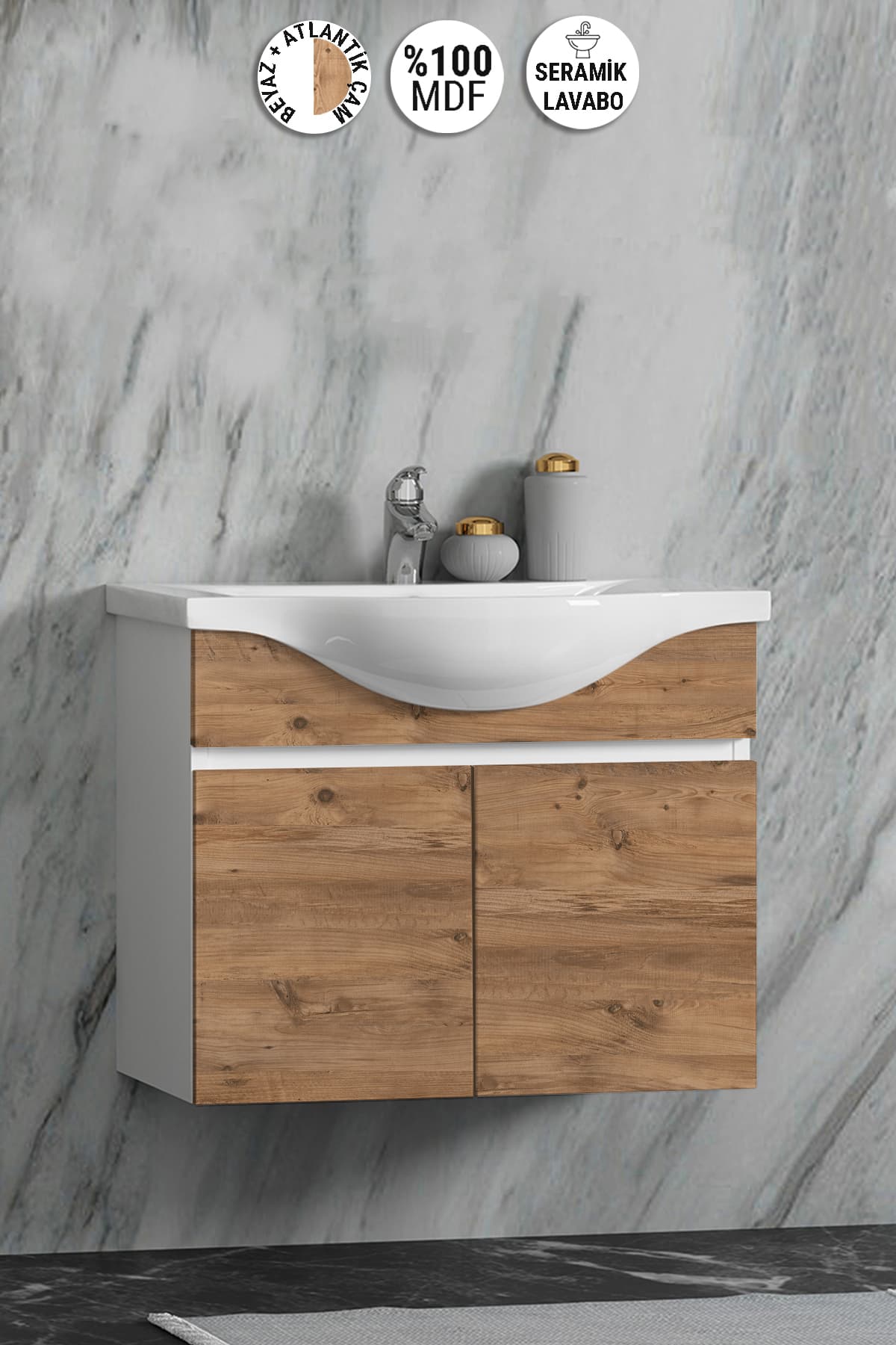 Yıldız 65 cm Beyaz-Atlantik Çam MDF Seramik Lavabolu Asma Banyo Alt Dolabı