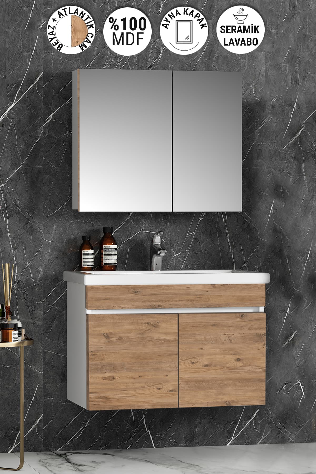 Çiğdem 80 cm Beyaz-Atlantik Çam MDF Seramik Lavabolu Asma Banyo Dolabı Takımı