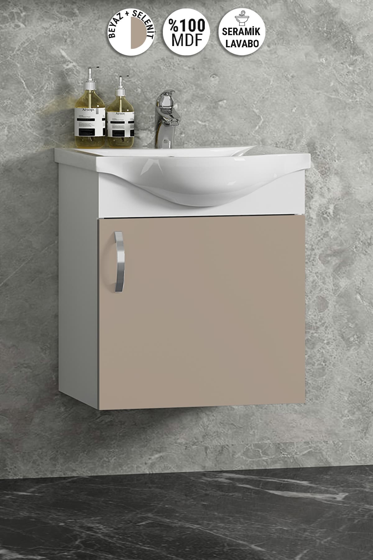 Yıldız 45 cm Beyaz-Selenit MDF Seramik Lavabolu Asma Banyo Dolabı Takımı