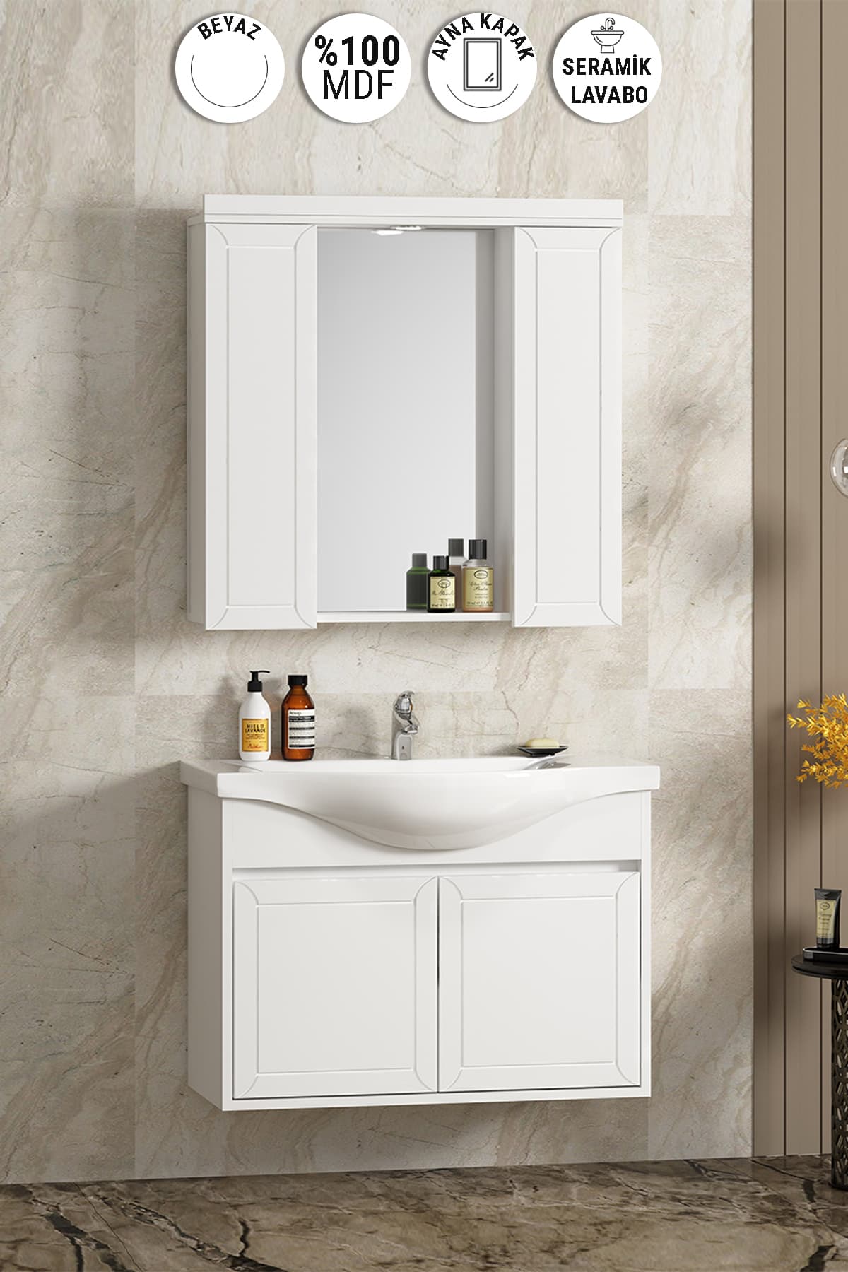 Lilyum 80 cm Beyaz MDF Pk-109 Balon Kapak Seramik Lavabolu Asma Banyo Dolabı Takımı
