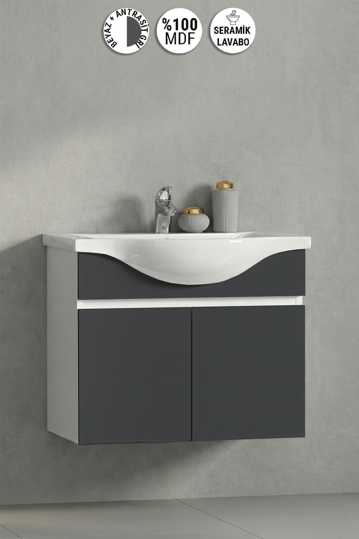 Yıldız 55 cm Beyaz- Antrasit Gri Mat MDF Seramik Lavabolu Asma Banyo Alt Dolabı