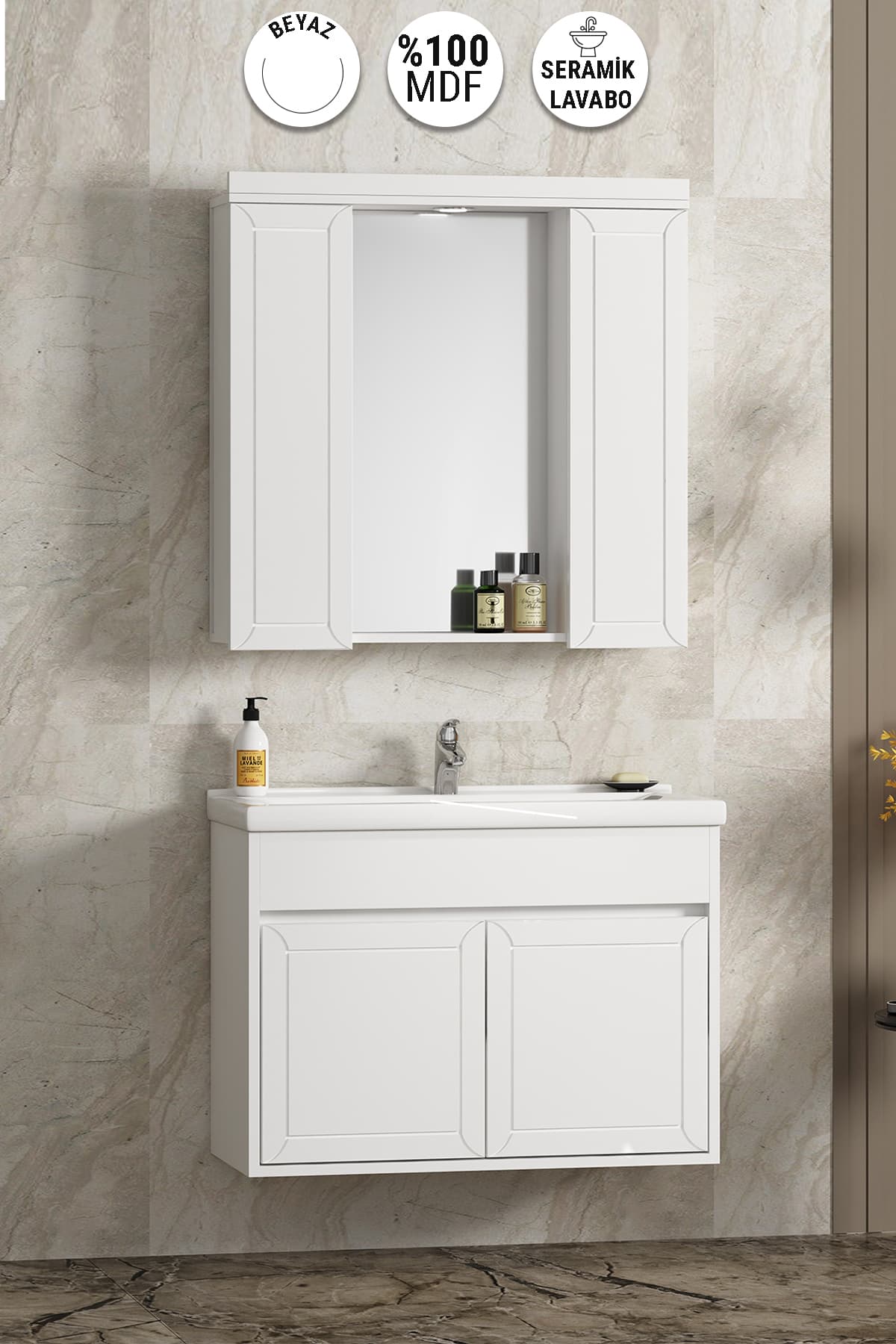 Çuha 80 cm Beyaz MDF Pk-109 Balon Kapak Seramik Lavabolu Asma Banyo Dolabı Takımı