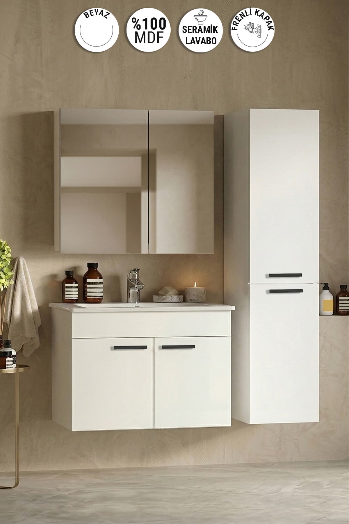 Petunya 80+35 cm Beyaz MDF Seramik Lavabolu Asma Banyo Dolabı Takımı