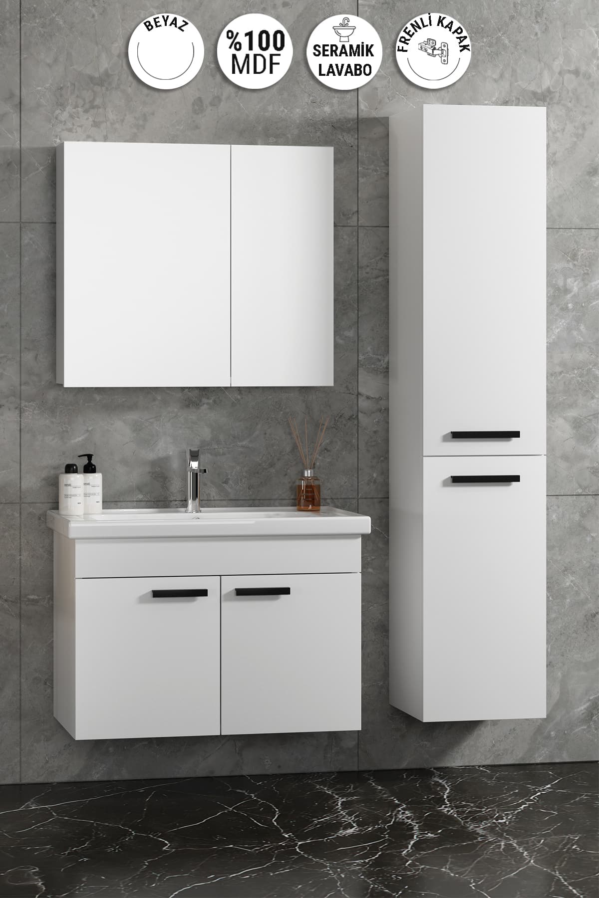 Çiğdem Kulplu 80+35 cm Beyaz MDF Seramik Lavabolu Asma Banyo Dolabı Takımı
