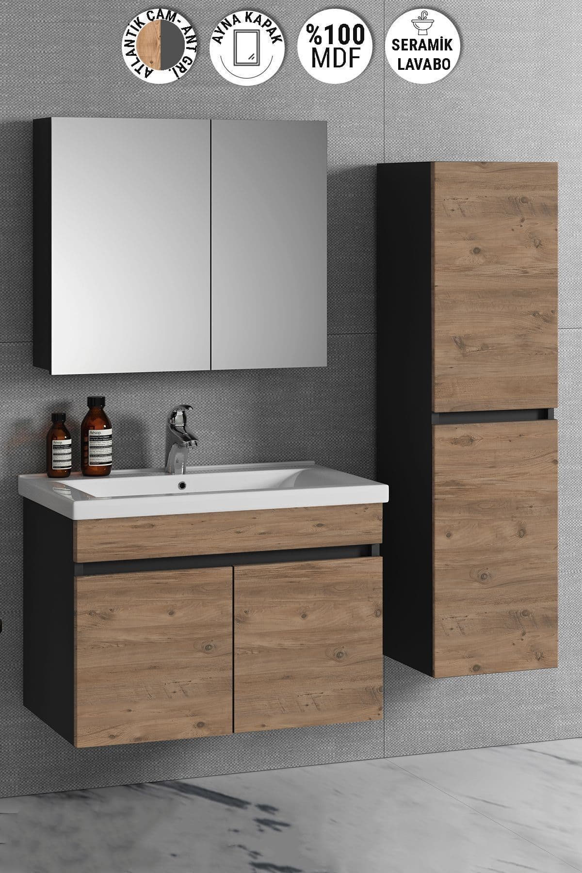 Çiğdem 80+35 cm Antrasit Gri Mat-Atlantik Çam MDF Seramik Lavabolu Asma Banyo Dolabı Takımı