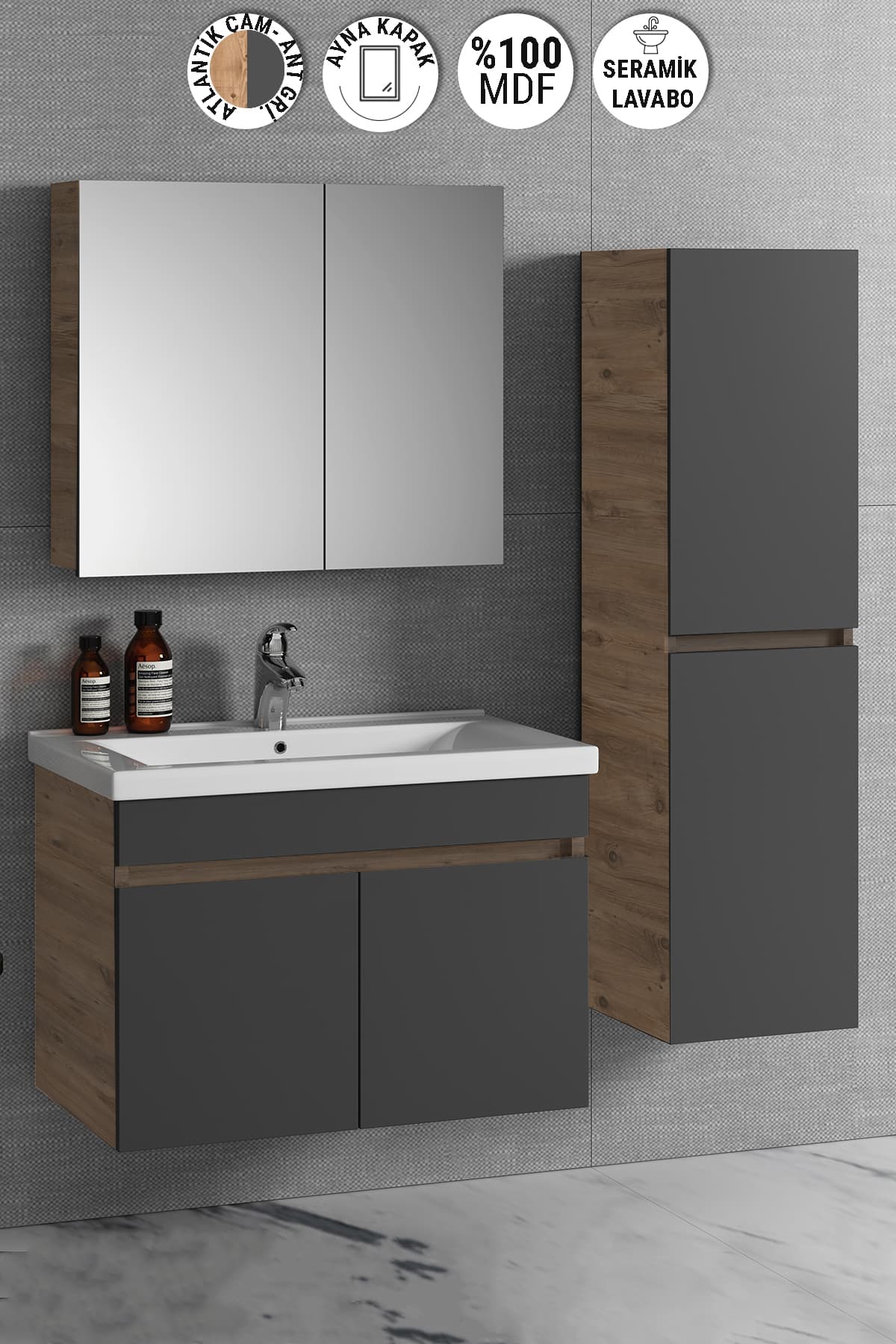 Çiğdem 80+35 cm Atlantik Çam-Antrasit Gri Mat MDF Seramik Lavabolu Asma Banyo Dolabı Takımı