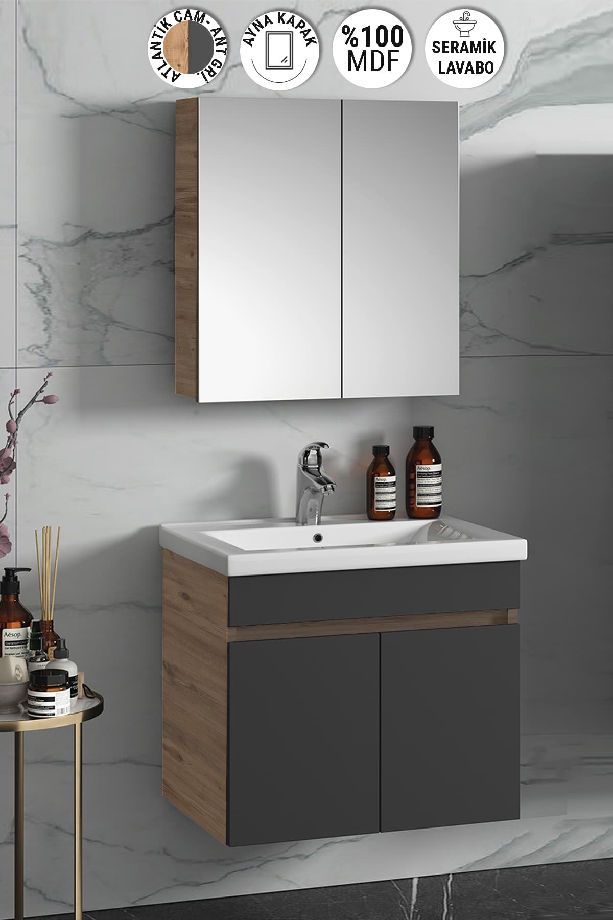 Çiğdem 65 Cm Atlantik Çam-antrasit Gri Mat Mdf Seramik Lavabolu Asma Banyo Dolabı Takımı