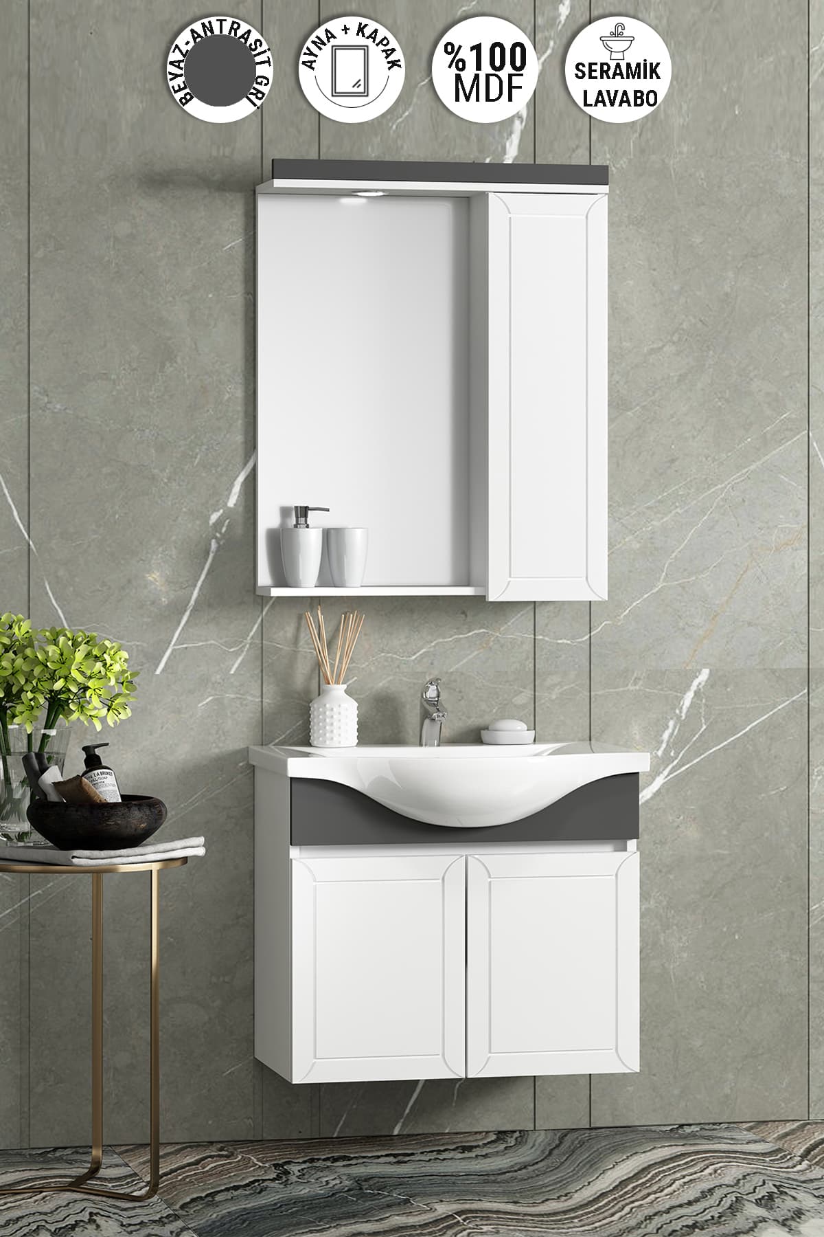 Lilyum 65 cm Beyaz-Antrasit Gri Mat MDF Pk-109 Balon Kapak Seramik Lavabolu Asma Banyo Dolabı Takımı