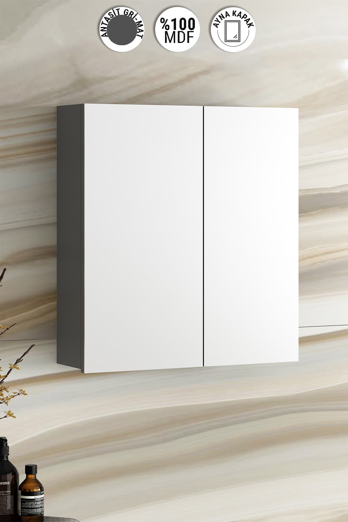 Çiğdem 65 cm Antrasit Gri Mat MDF Aynalı Asma Banyo Üst Dolabı
