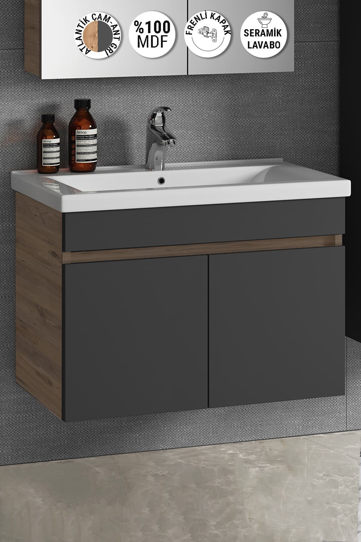 Çiğdem 80 cm Atlantik Çam-Antrasit Gri Mat MDF Seramik Lavabolu Asma Banyo Alt Dolabı