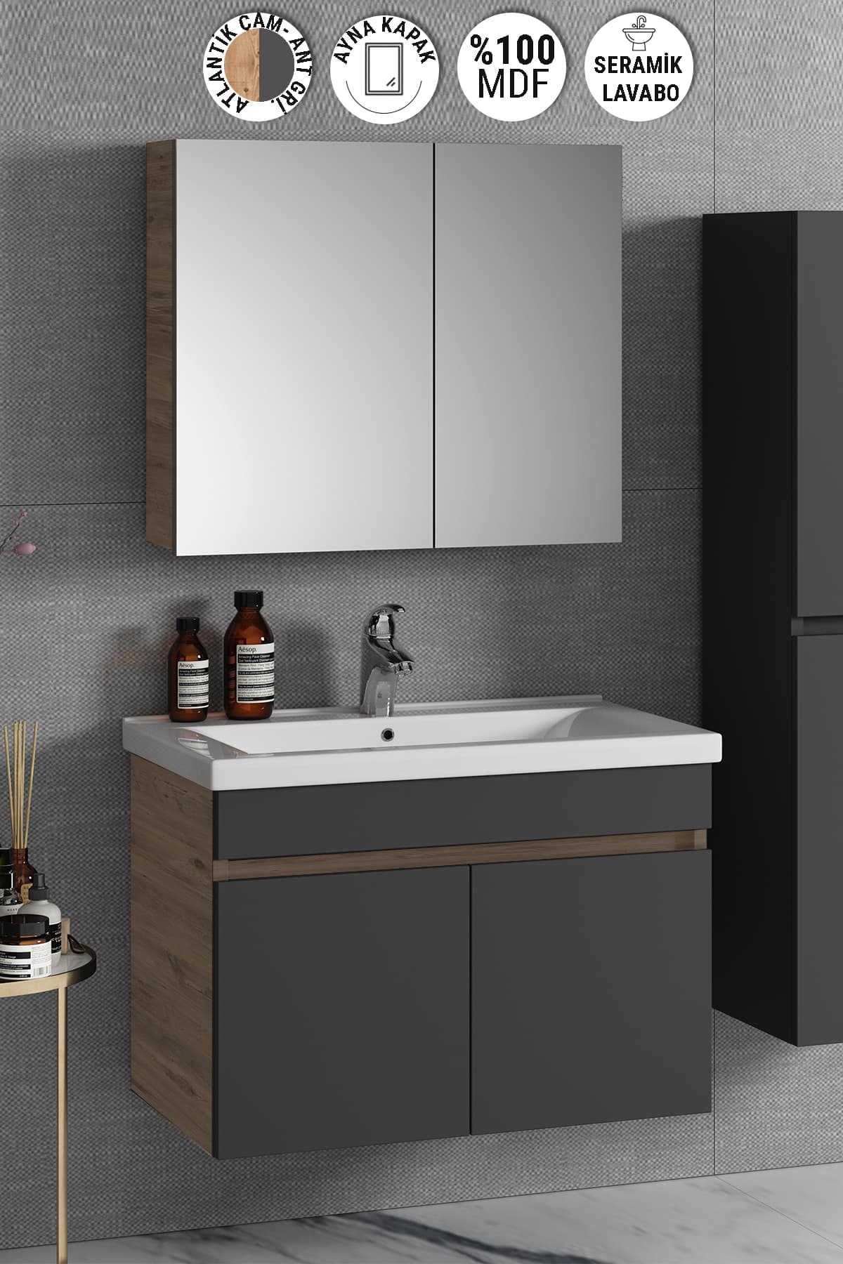 Çiğdem 80 cm Atlantik Çam-Antrasit Gri Mat MDF Seramik Lavabolu Asma Banyo Dolabı Takımı