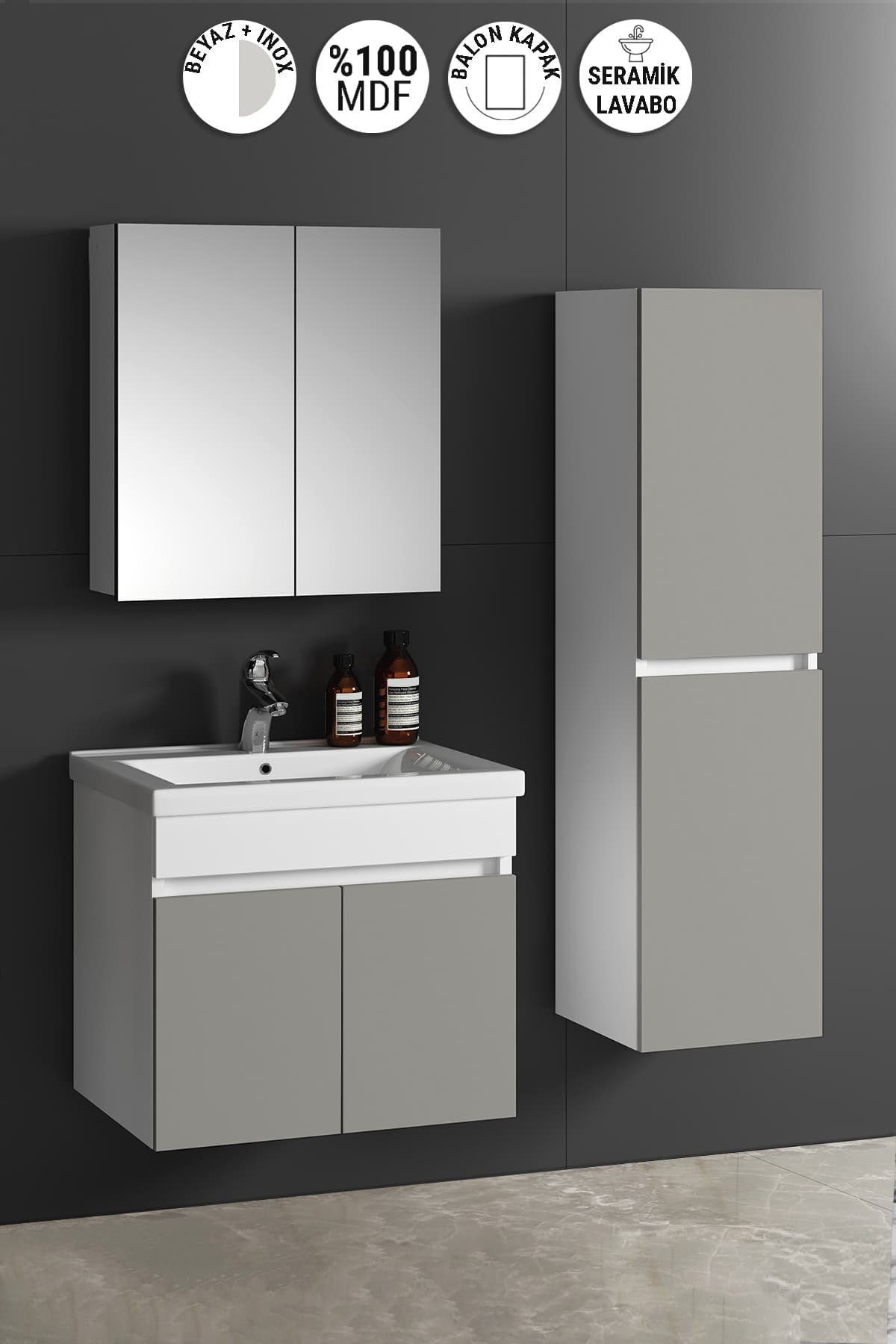 Çiğdem 55+35 cm Beyaz-İnox Balon MDF Seramik Lavabolu Sepetli Asma Banyo Dolabı Takımı