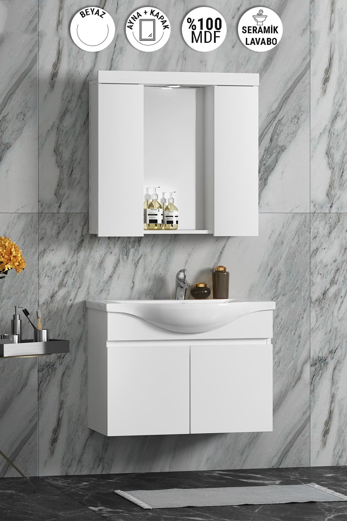 Yıldız 75 cm Beyaz MDF Seramik Lavabolu Asma Banyo Dolabı Takımı