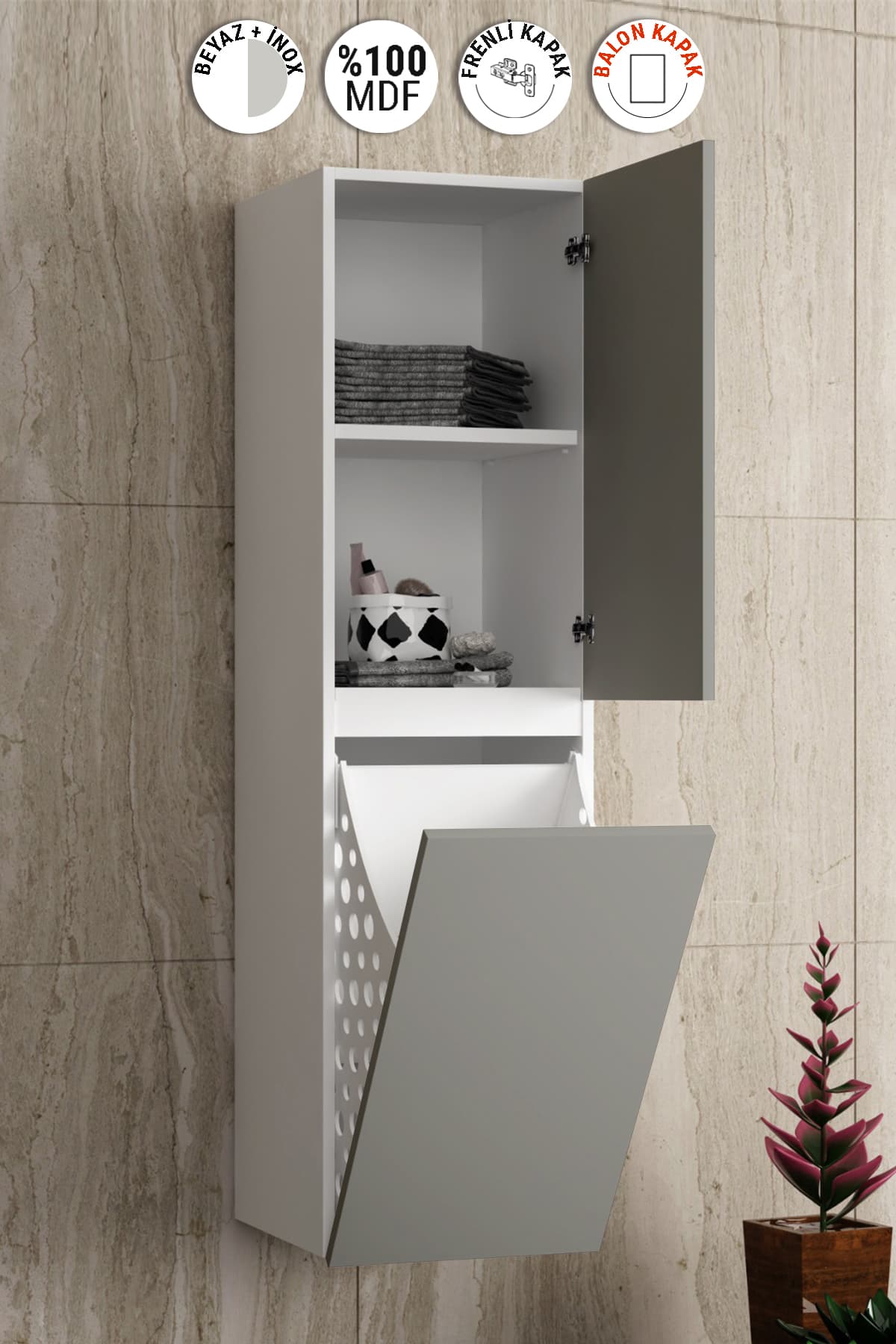 Yıldız 35*130 cm Beyaz-İnox Balon MDF Asma Sepetli Banyo Boy Dolabı