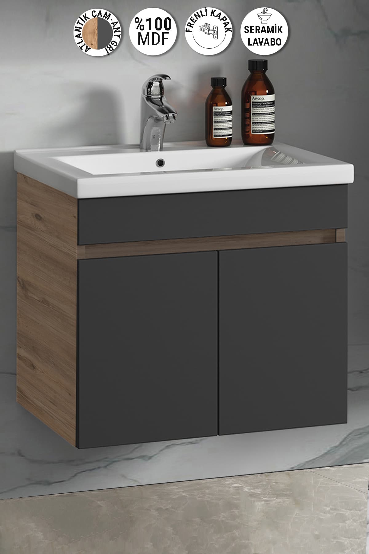 Çiğdem 65 Cm Atlantik Çam-antrasit Gri Mat Mdf Seramik Lavabolu Asma Banyo Alt Dolabı