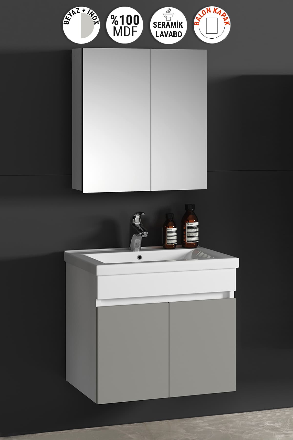 Çiğdem 65 cm Beyaz-İnox Balon MDF Seramik Lavabolu Asma Banyo Dolabı Takımı