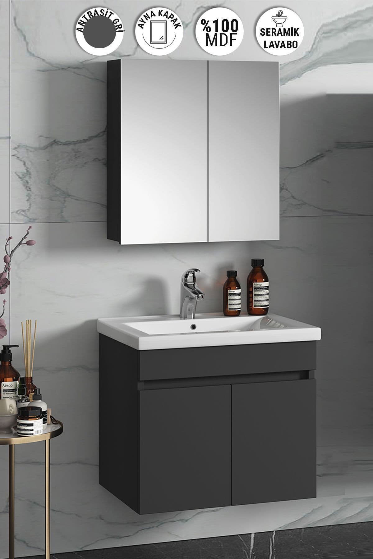 Çiğdem 65 cm Antrasit Gri Mat MDF Seramik Lavabolu Asma Banyo Dolabı Takımı