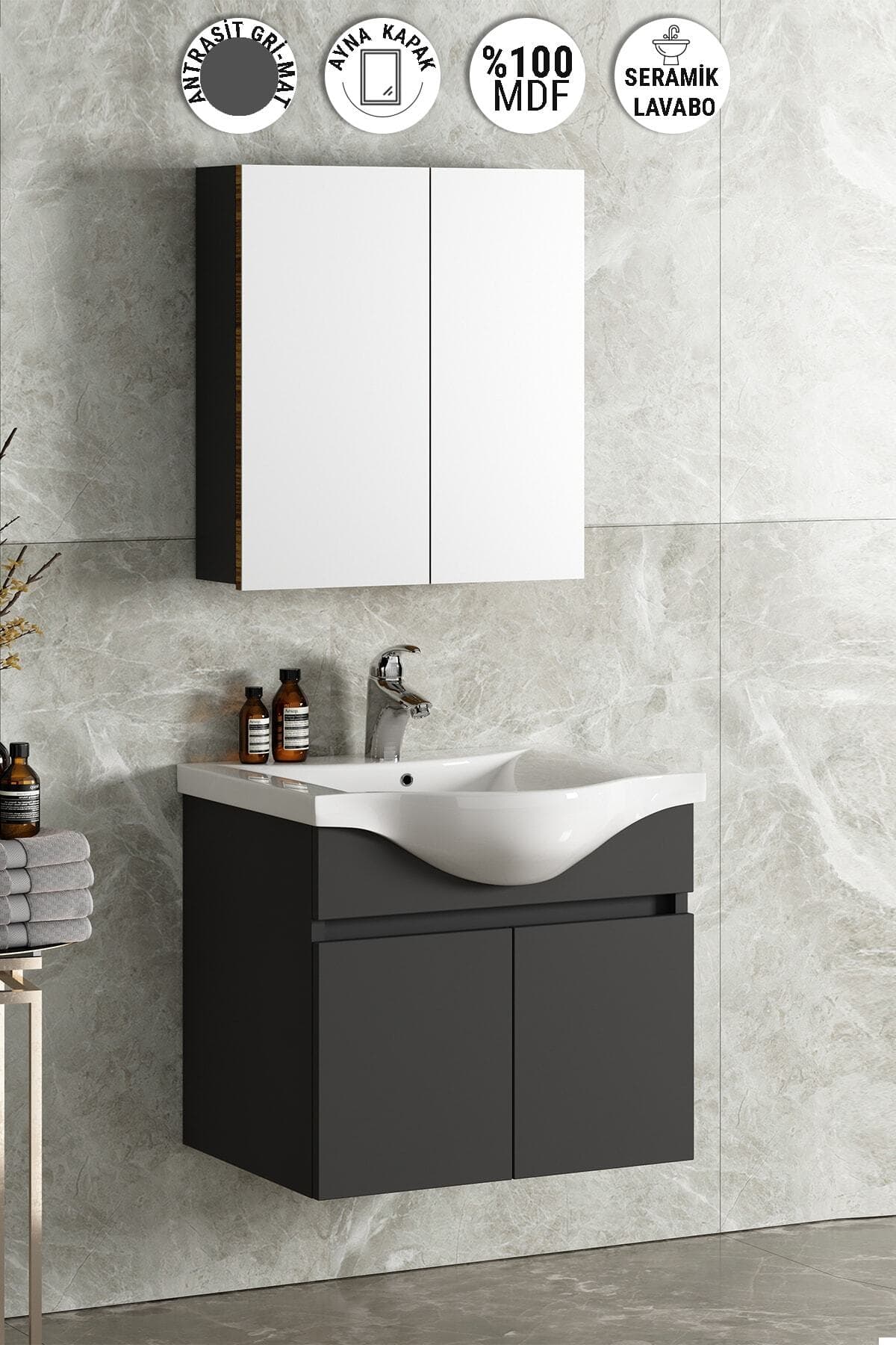 Yıldız 65 cm Antrasit Gri Mat MDF Seramik Lavabolu Asma Banyo Dolabı Takımı