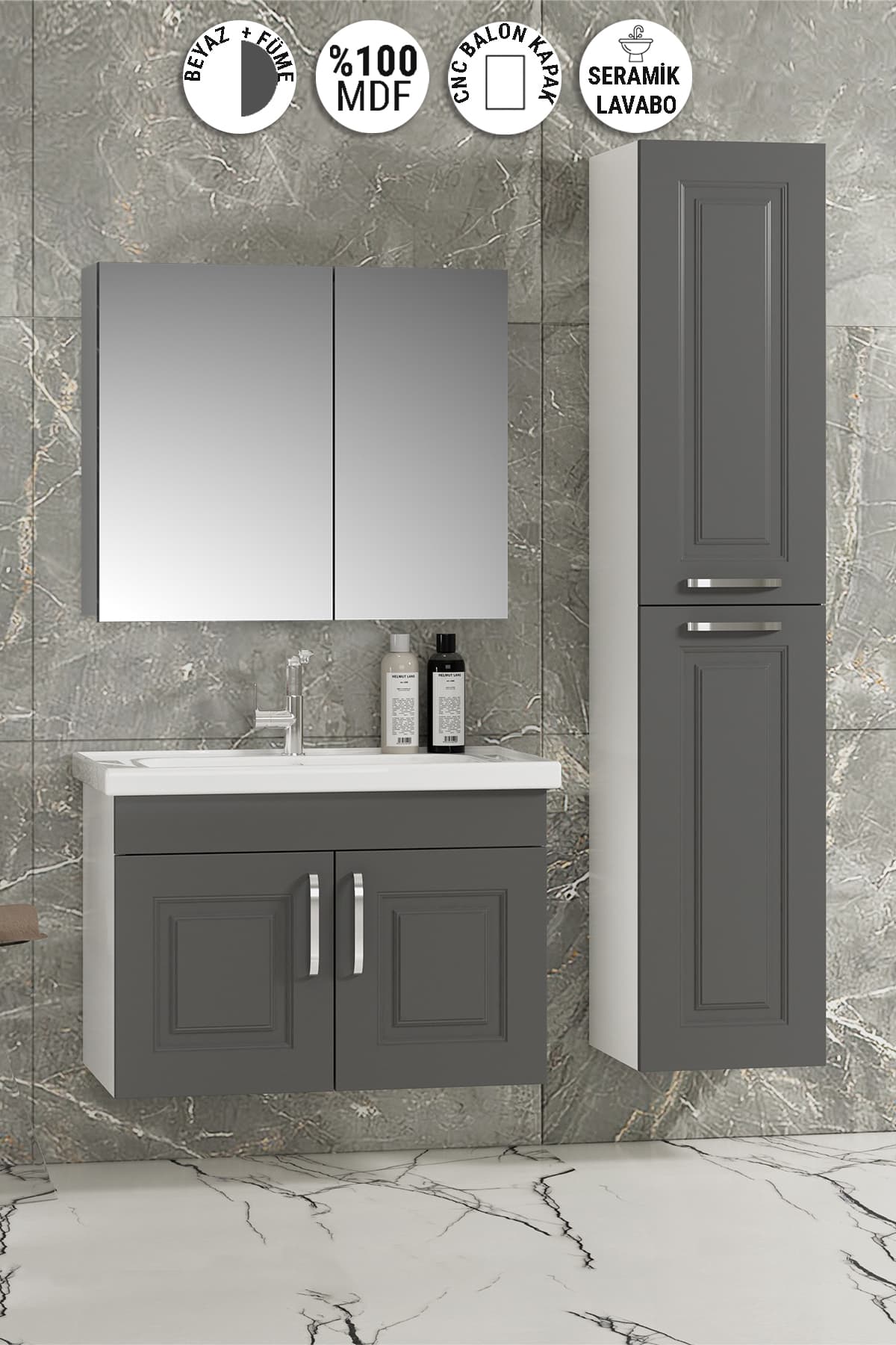 Salkım 80+35 cm Beyaz-Füme Balon MDF Seramik Lavabolu Asma Banyo Dolabı Takımı