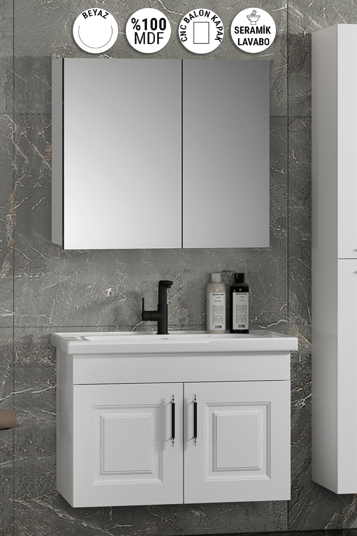 Salkım 80 cm Beyaz Balon MDF Seramik Lavabolu Asma Banyo Dolabı Takımı