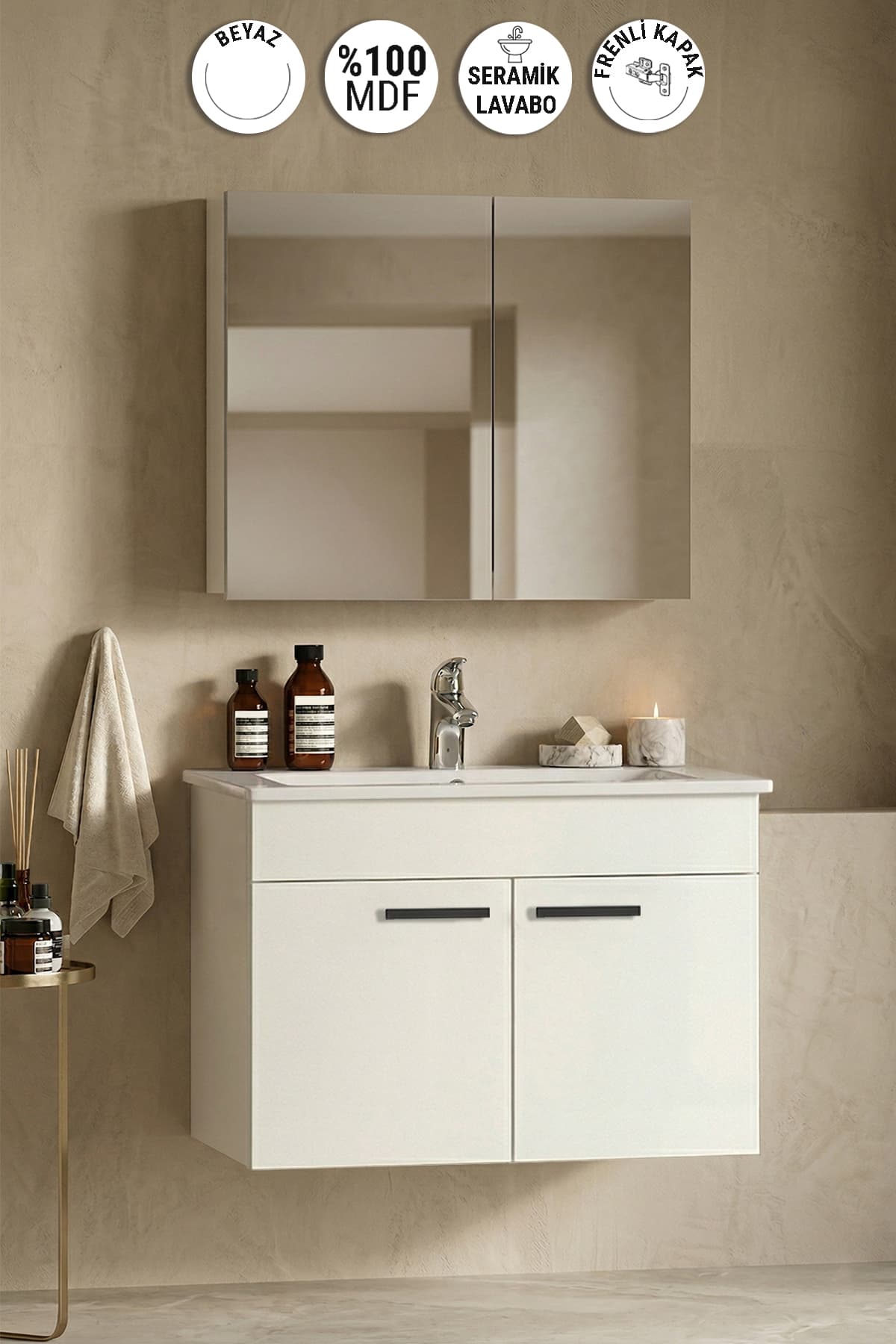 Petunya 80 cm Beyaz MDF Seramik Lavabolu Asma Banyo Dolabı Takımı