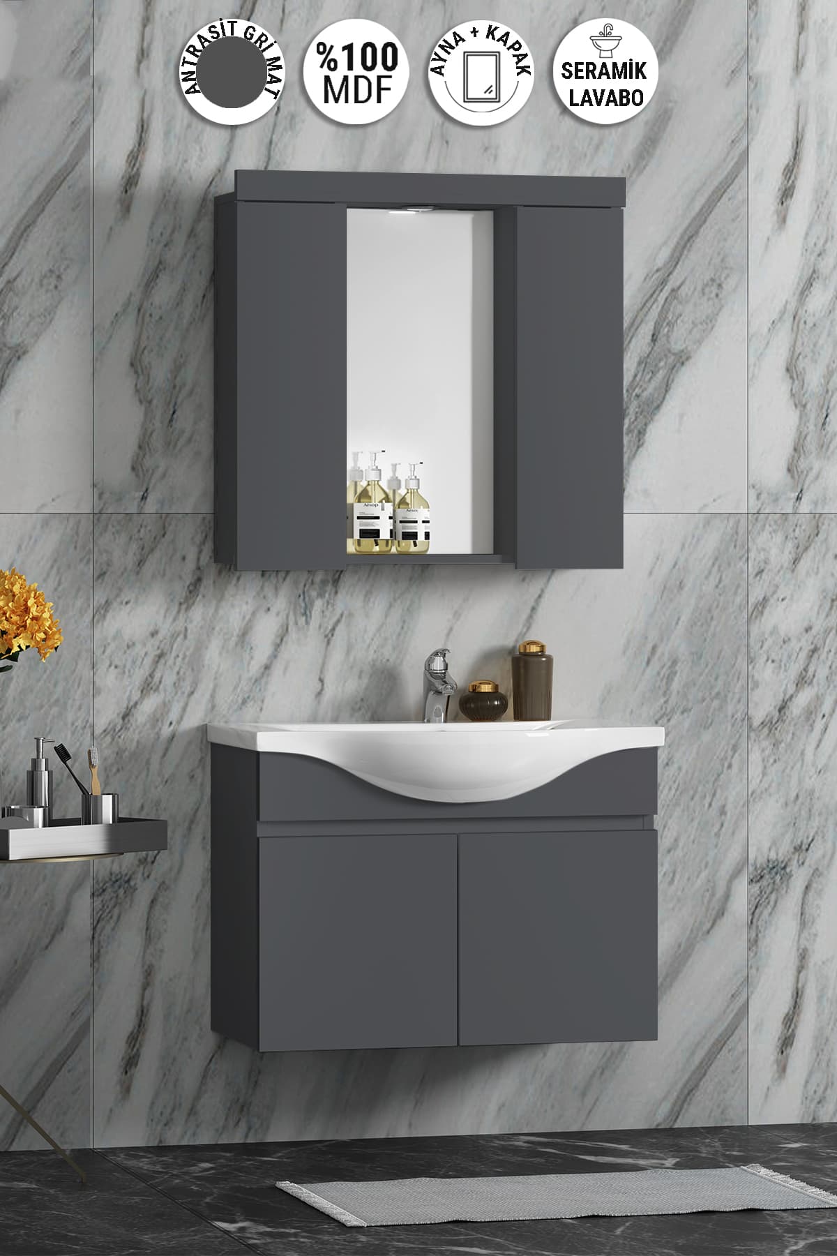 Yıldız 75 cm Antrasit Gri Mat MDF Seramik Lavabolu Asma Banyo Dolabı Takımı
