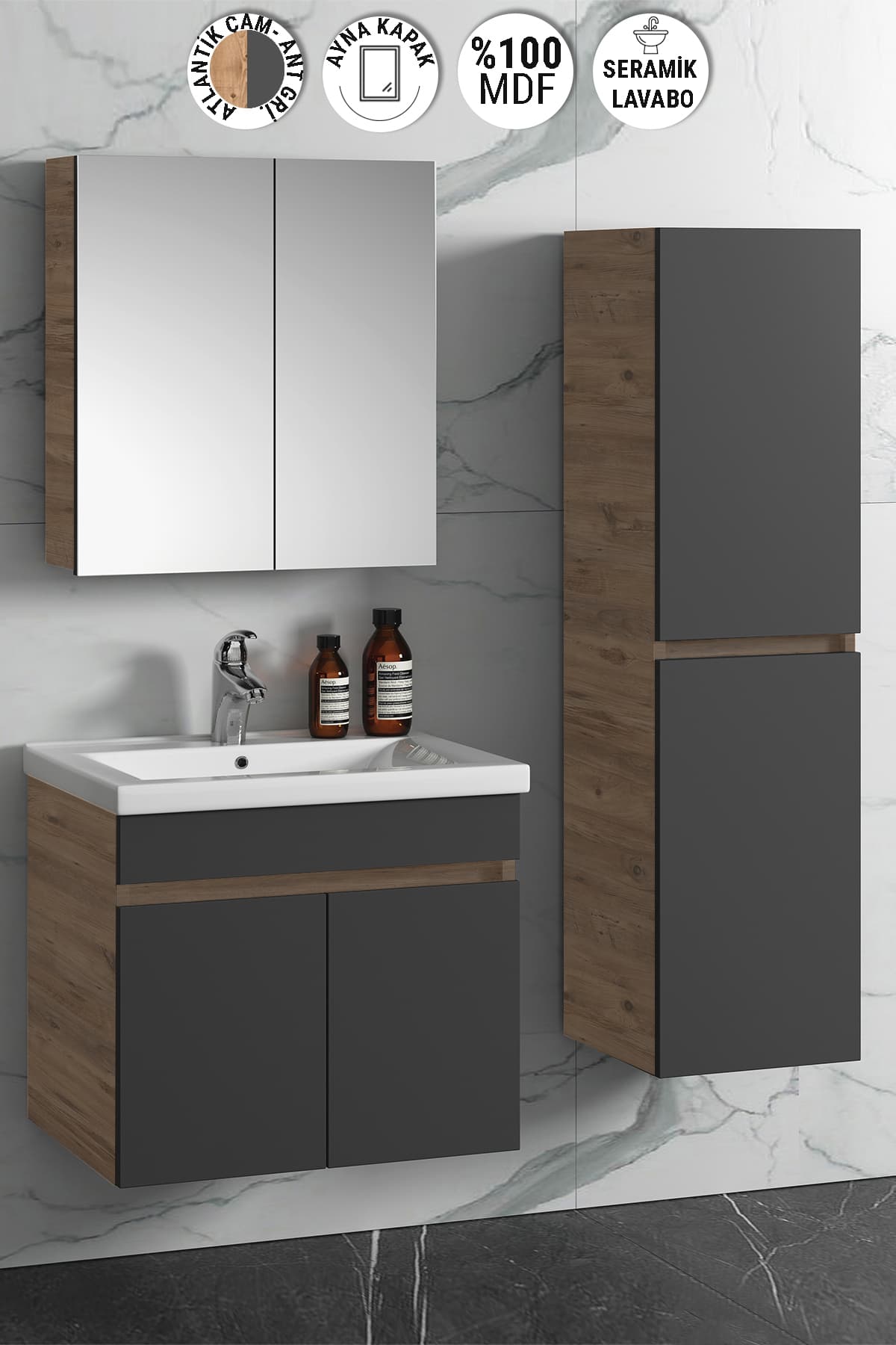 Çiğdem 65+35 cm Atlantik Çam- Antrasit Gri Mat MDF Seramik Lavabolu Asma Banyo Dolabı Takımı