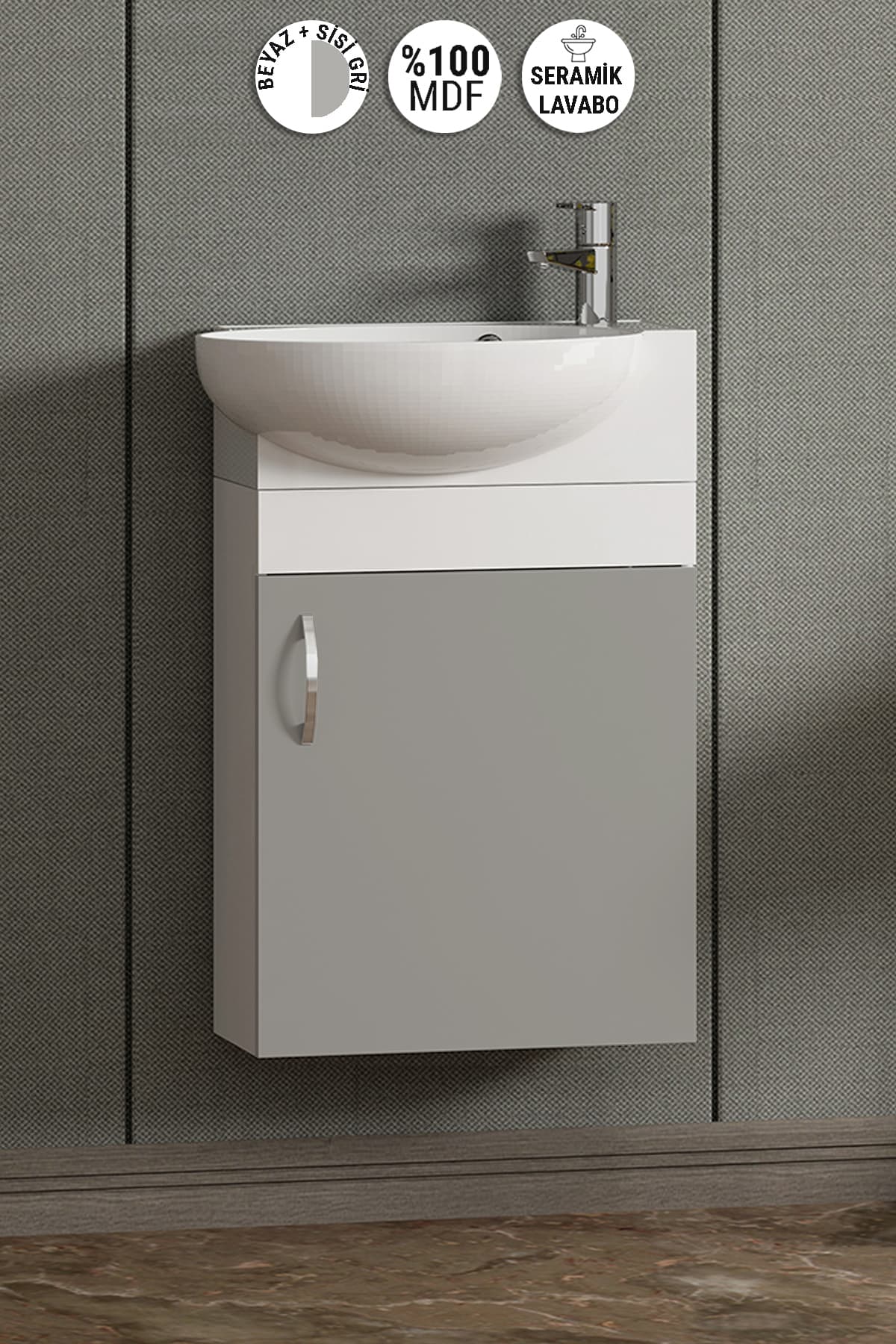 Lale 45 cm Beyaz-Sis Gri MDF Seramik Lavabolu Asma Alt Banyo Dolabı