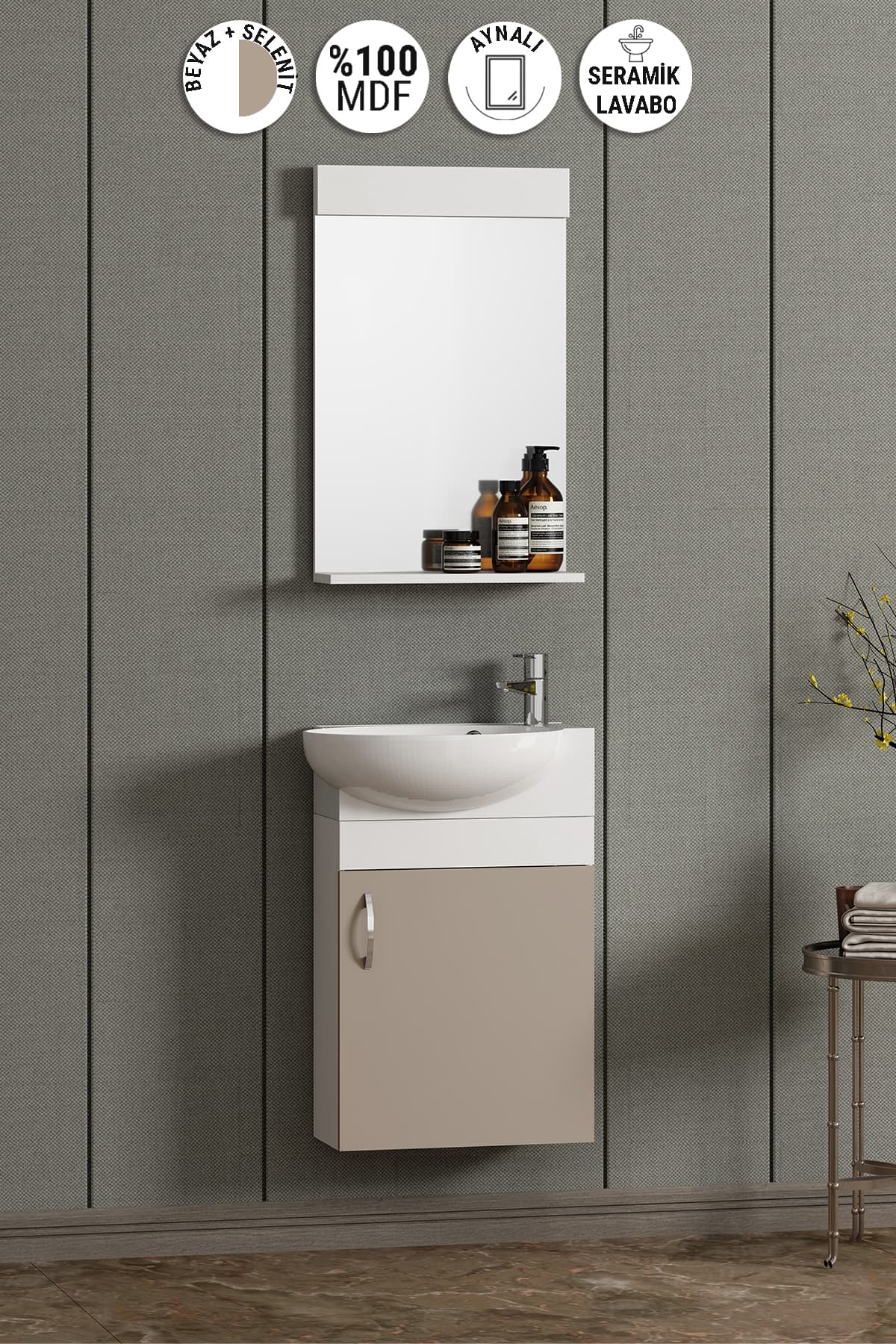 Lale 45 cm Beyaz-Selenit MDF Seramik Lavabolu Asma Banyo Dolabı Takımı