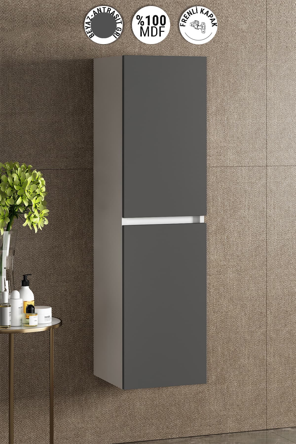 Yıldız 35*130 cm Beyaz-Antrasit Gri Mat MDF Asma Banyo Boy Dolabı