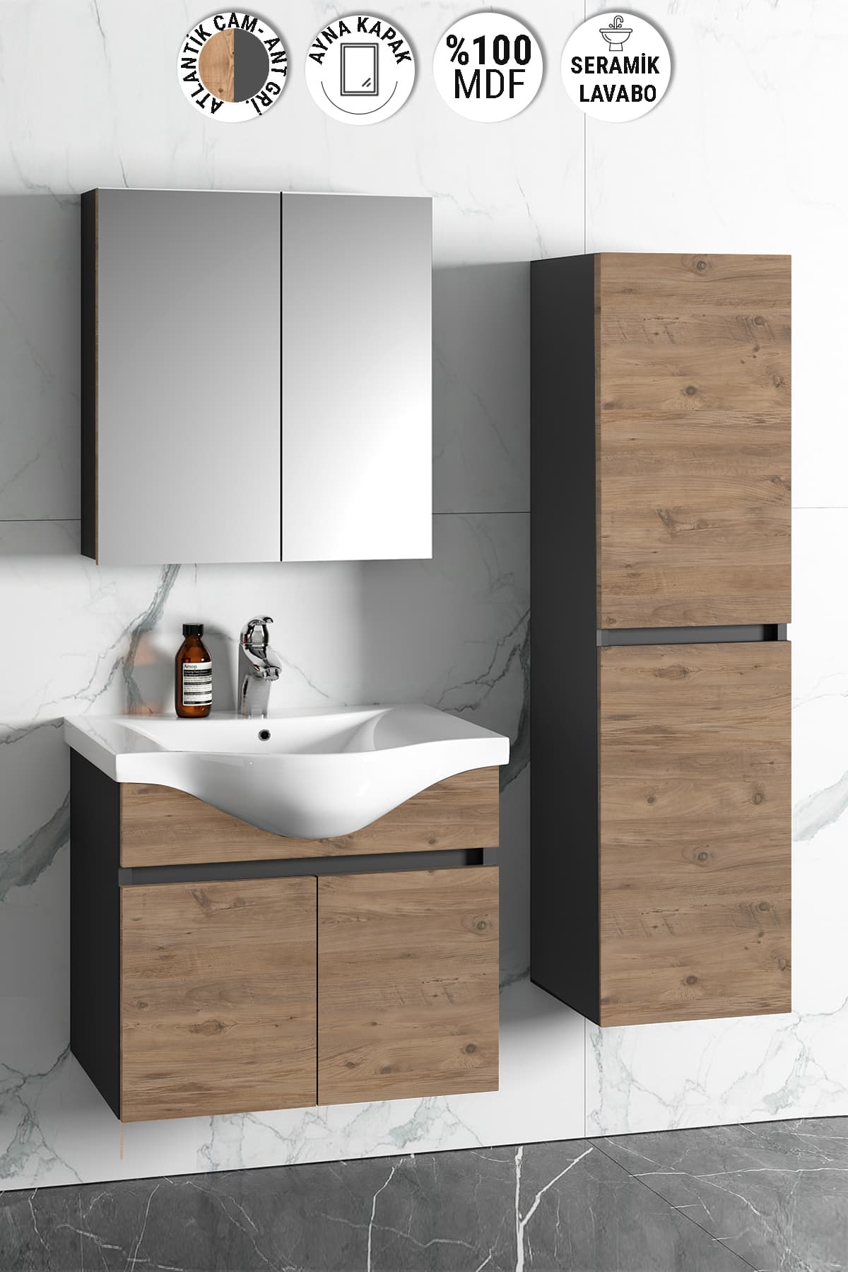 Yıldız 55+35 cm Antrasit Gri Mat-Atlantik Çam MDF Seramik Lavabolu Asma Banyo Dolabı Takımı