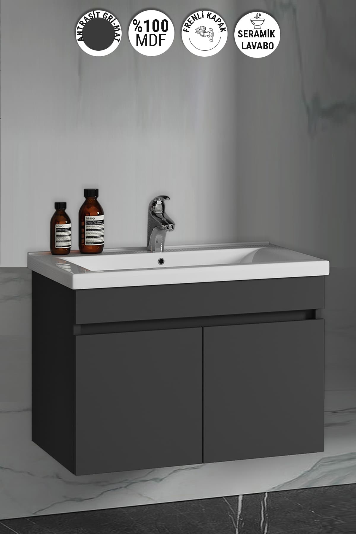 Çiğdem 80 cm Antrasit Gri Mat MDF Seramik Lavabolu Asma Banyo Alt Dolabı