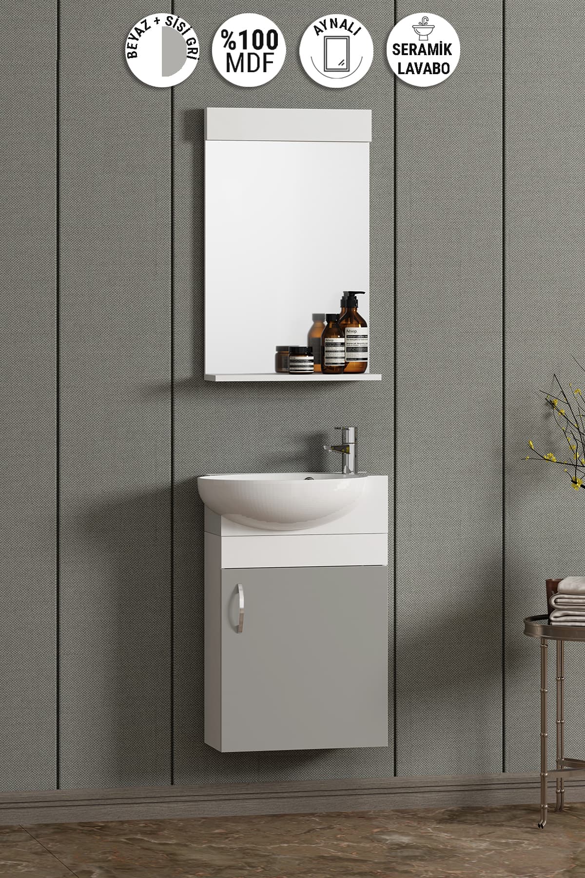 Lale 45 cm Beyaz-Sis Gri MDF Seramik Lavabolu Asma Banyo Dolabı Takımı