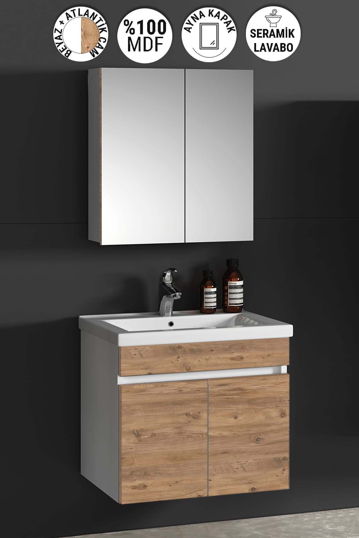 Çiğdem 65 cm Beyaz-Atlantik Çam MDF Seramik Lavabolu Asma Banyo Dolabı Takımı