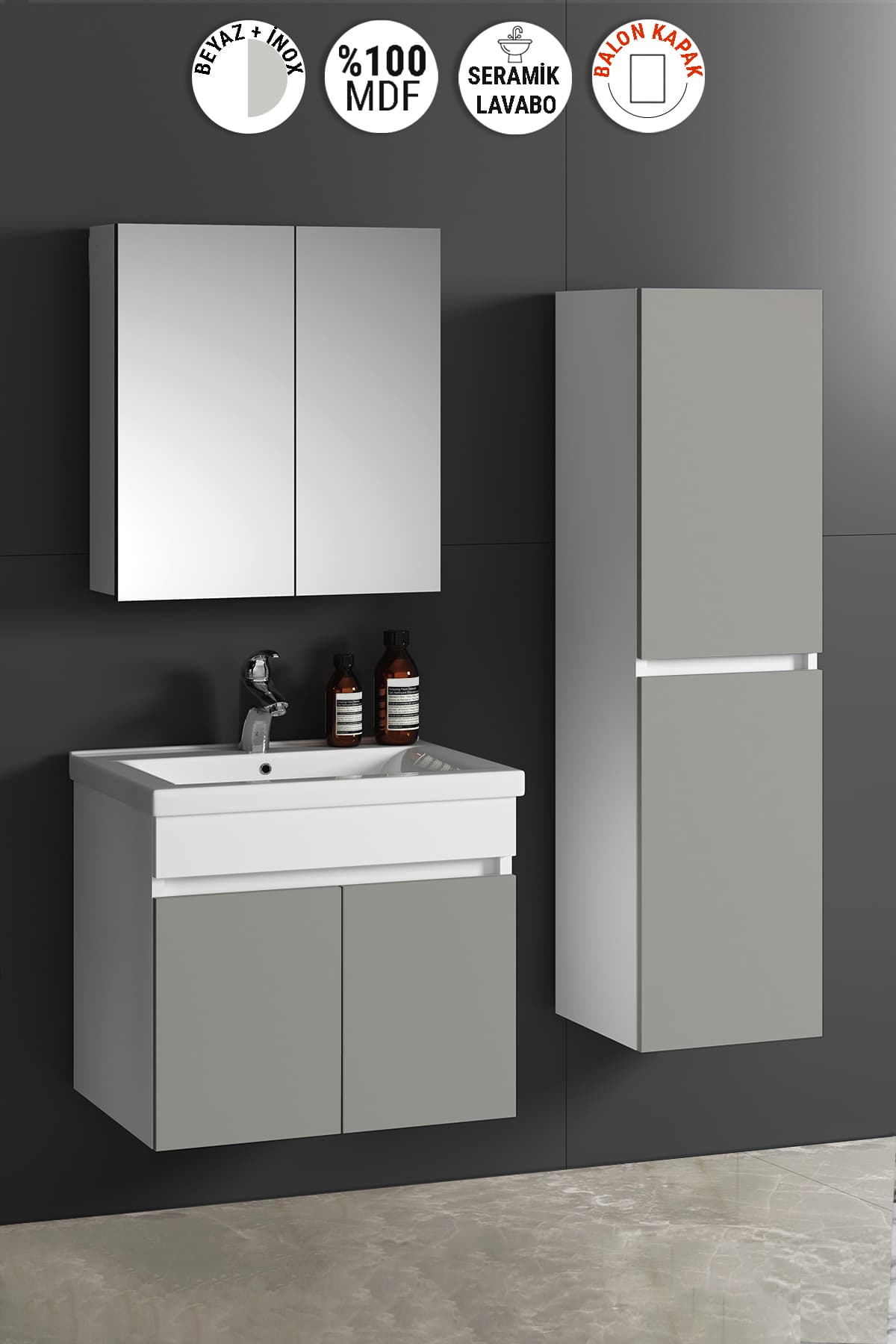 Çiğdem 65+35 cm Beyaz-İnox Balon MDF Seramik Lavabolu Asma Banyo Dolabı Takımı