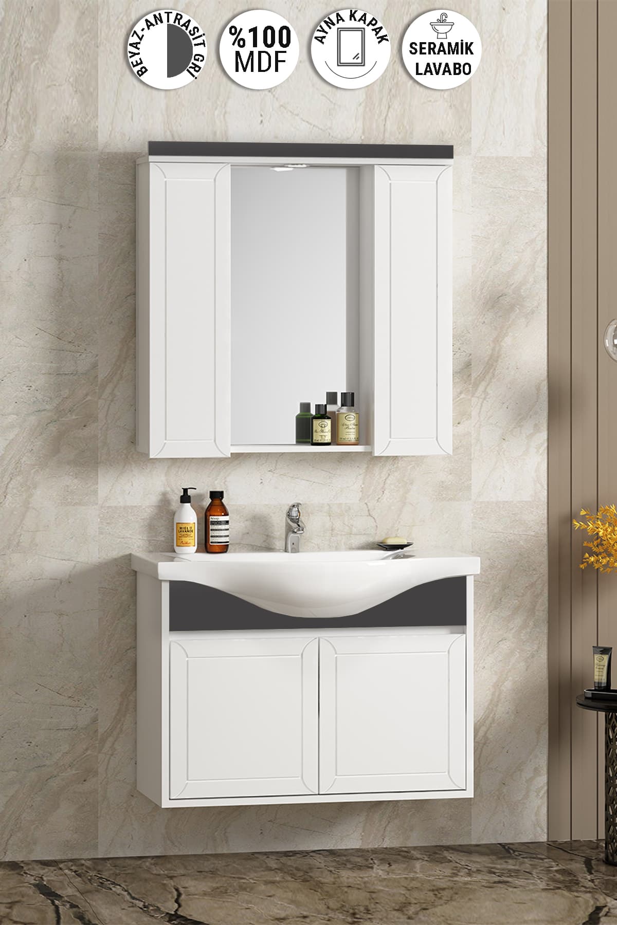 Lilyum 80 cm Beyaz-Antrasit Gri Mat MDF Pk-109 Balon Kapak Seramik Lavabolu Asma Banyo Dolabı Takımı