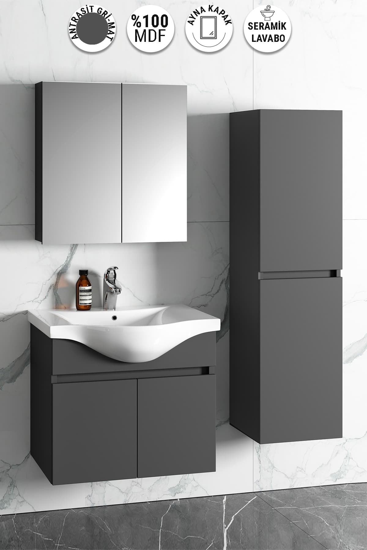 Yıldız 55+35 cm Antrasit Gri Mat MDF Seramik Lavabolu Asma Banyo Dolabı Takımı