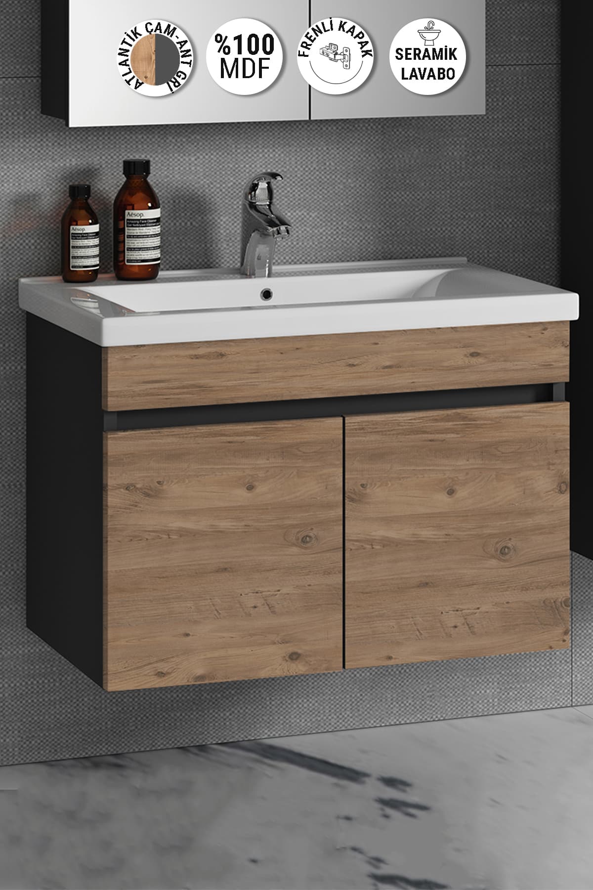 Çiğdem 80 cm Antrasit Gri Mat-Atlantik Çam MDF Seramik Lavabolu Asma Banyo Alt Dolabı